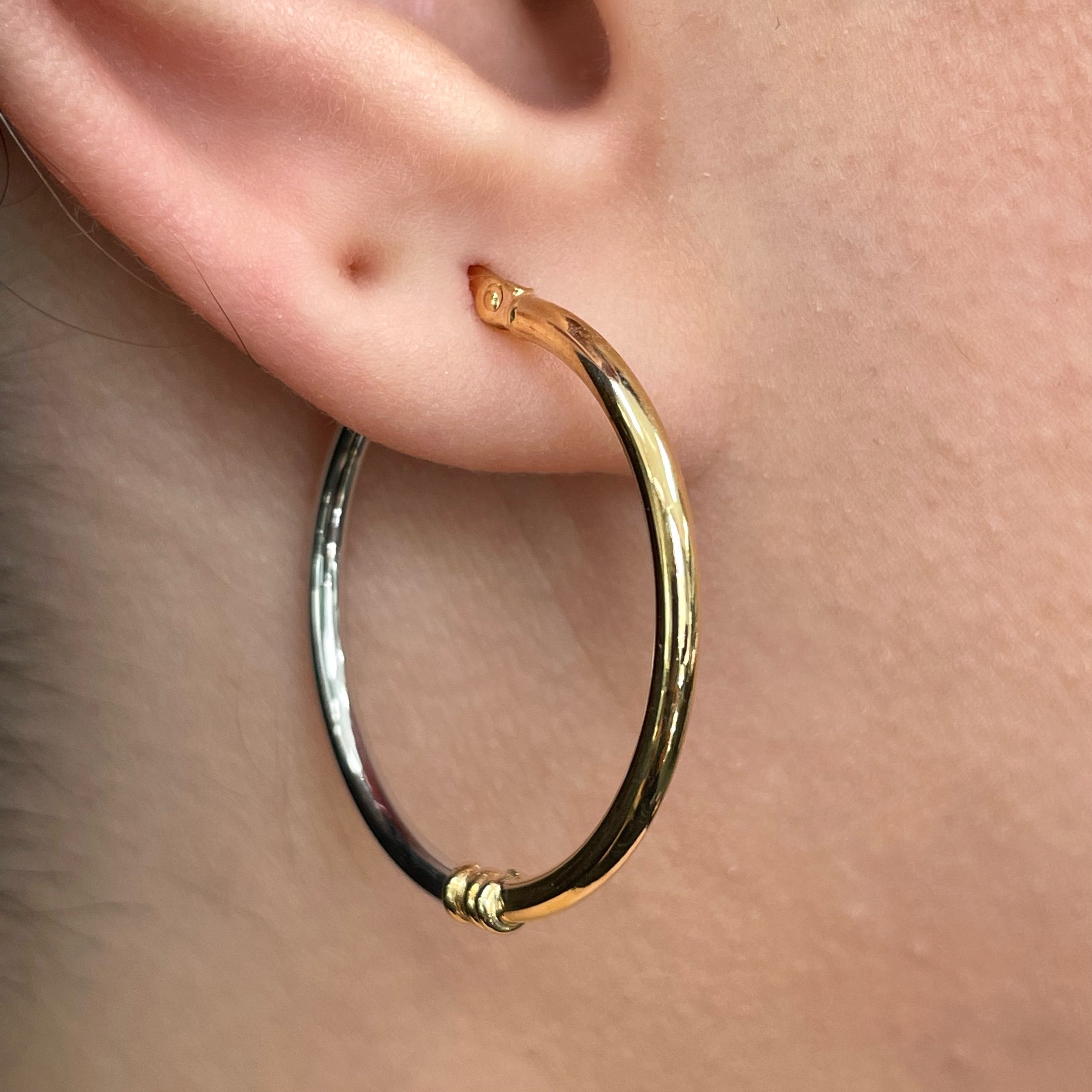 Italian 14k Yellow & White Gold Polished Hollow Large Hoop Earrings 1.2" 1.7gram