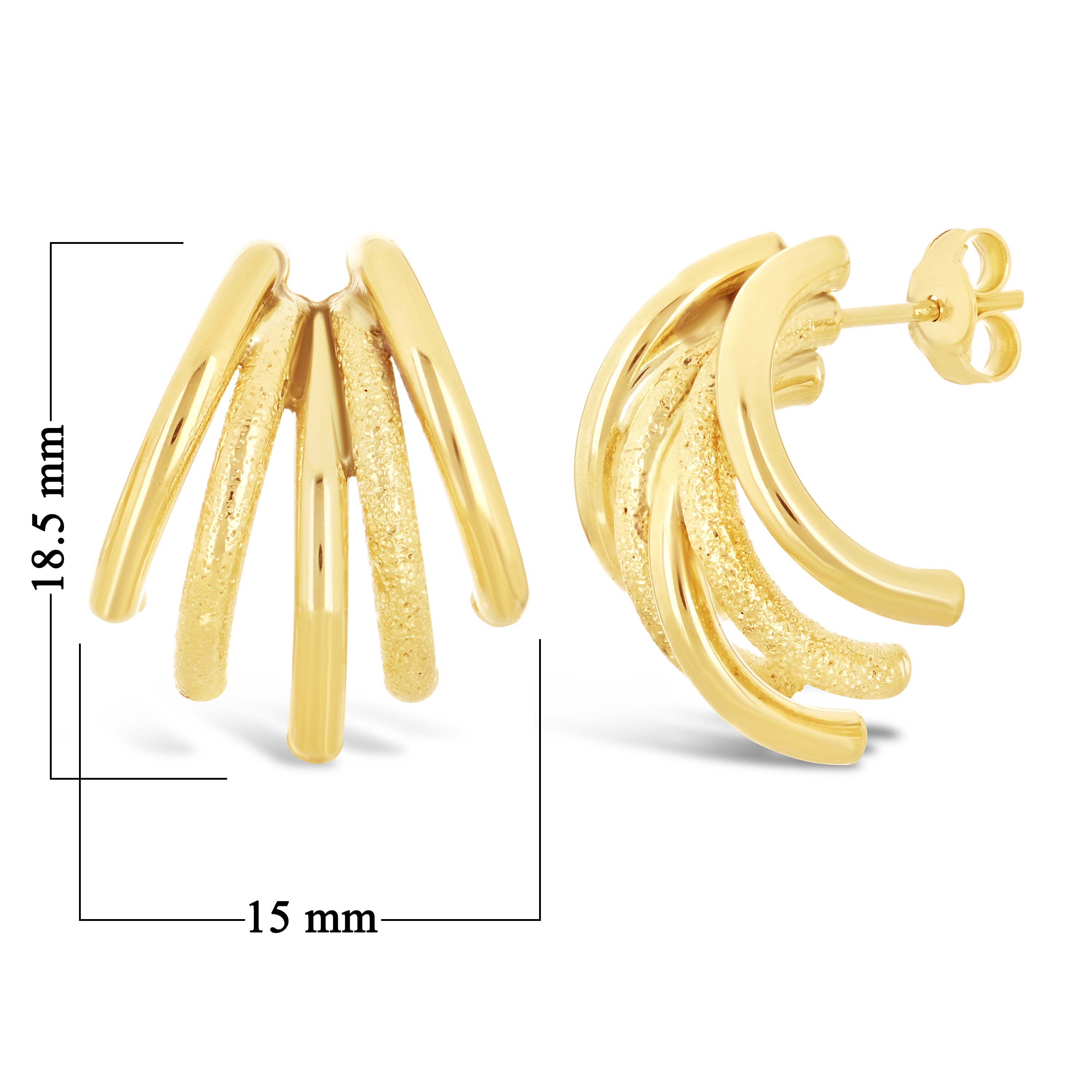 Italian 14k Yellow Gold Textured Macaroni Link Cuffed Quarter Hoop Stud Earrings - Yellow