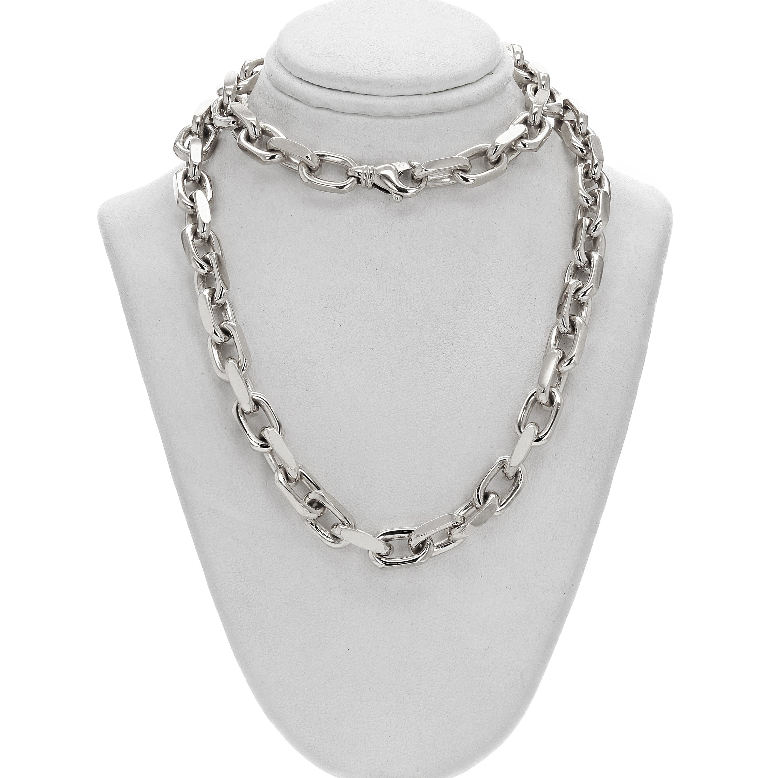 18k White Gold Solid Handmade Link Chain Necklace 22" 8.5mm 158 grams - White,22"