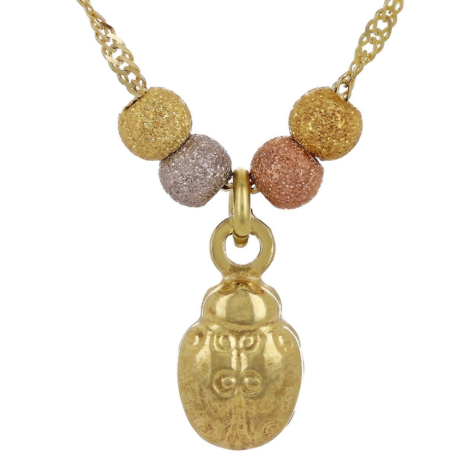 14k Tri Color Gold Ball Beads Lady Bug Charms Singapore Chain Necklace 17"