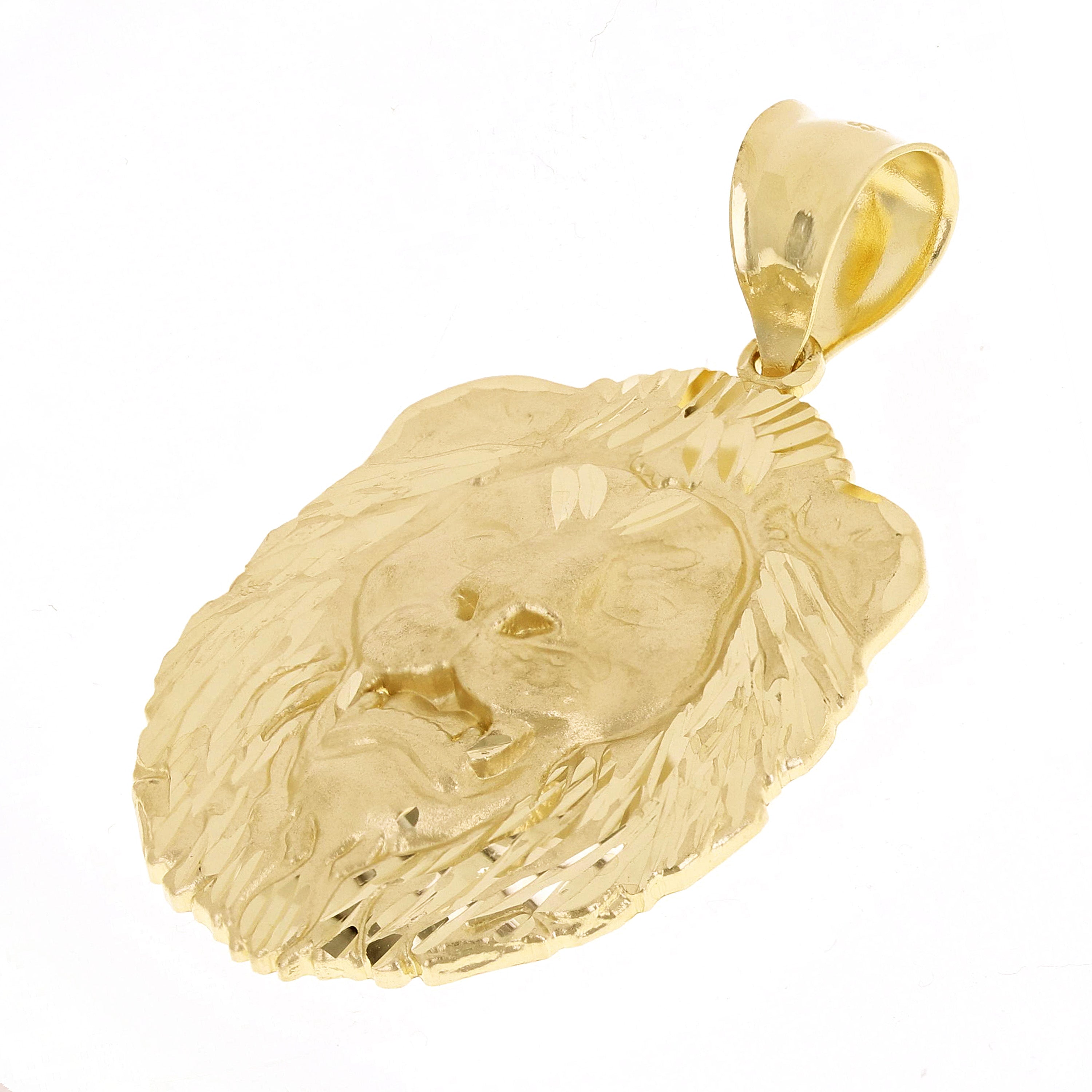 14k Yellow Gold Solid Diamond Cut Roaring Lion Head Face Pendant 1.8" 5.2 grams - Medium