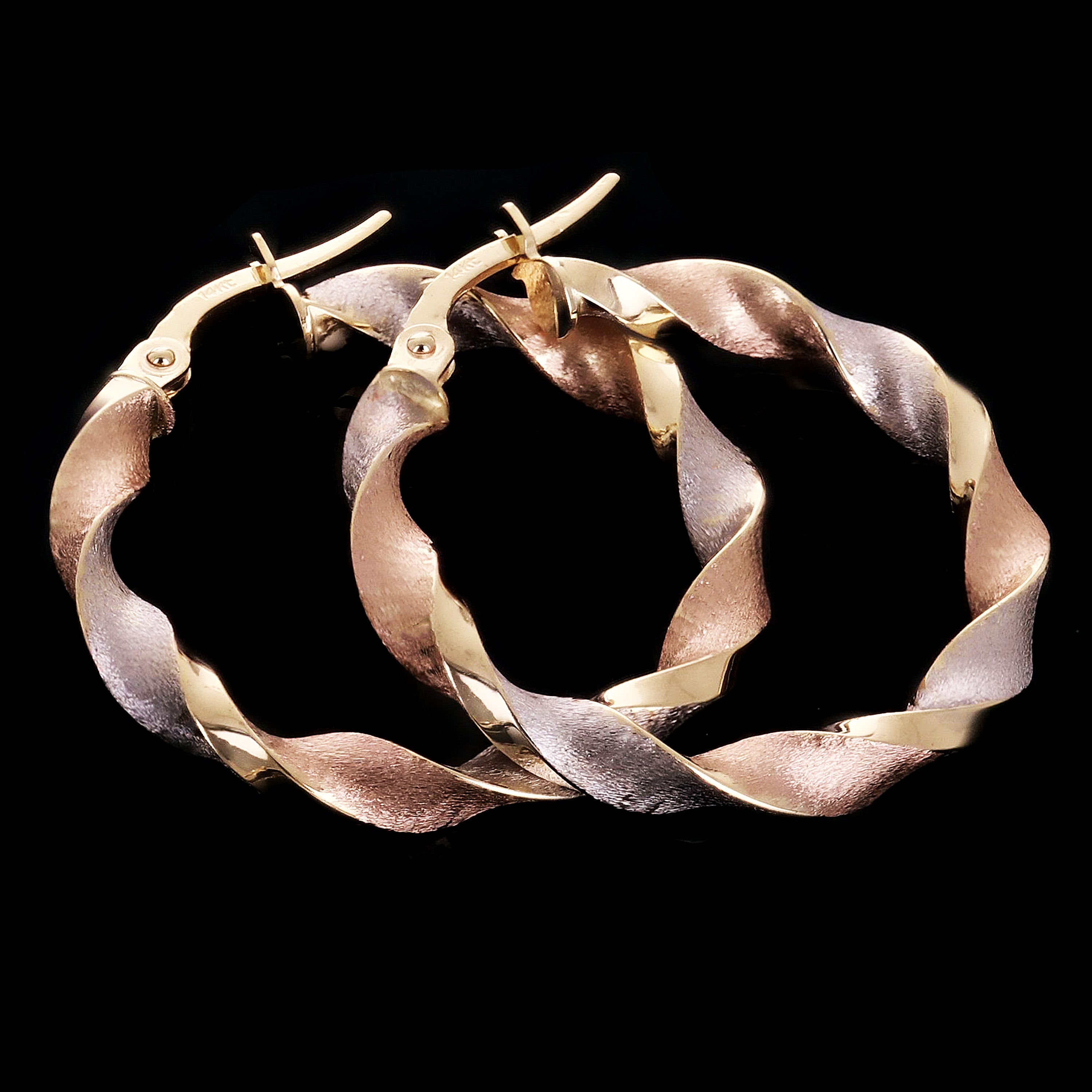 Italian 14k Tri-Color Gold Satin Twisted Hoop Earrings 1.1" 3.5mm 2.3 grams