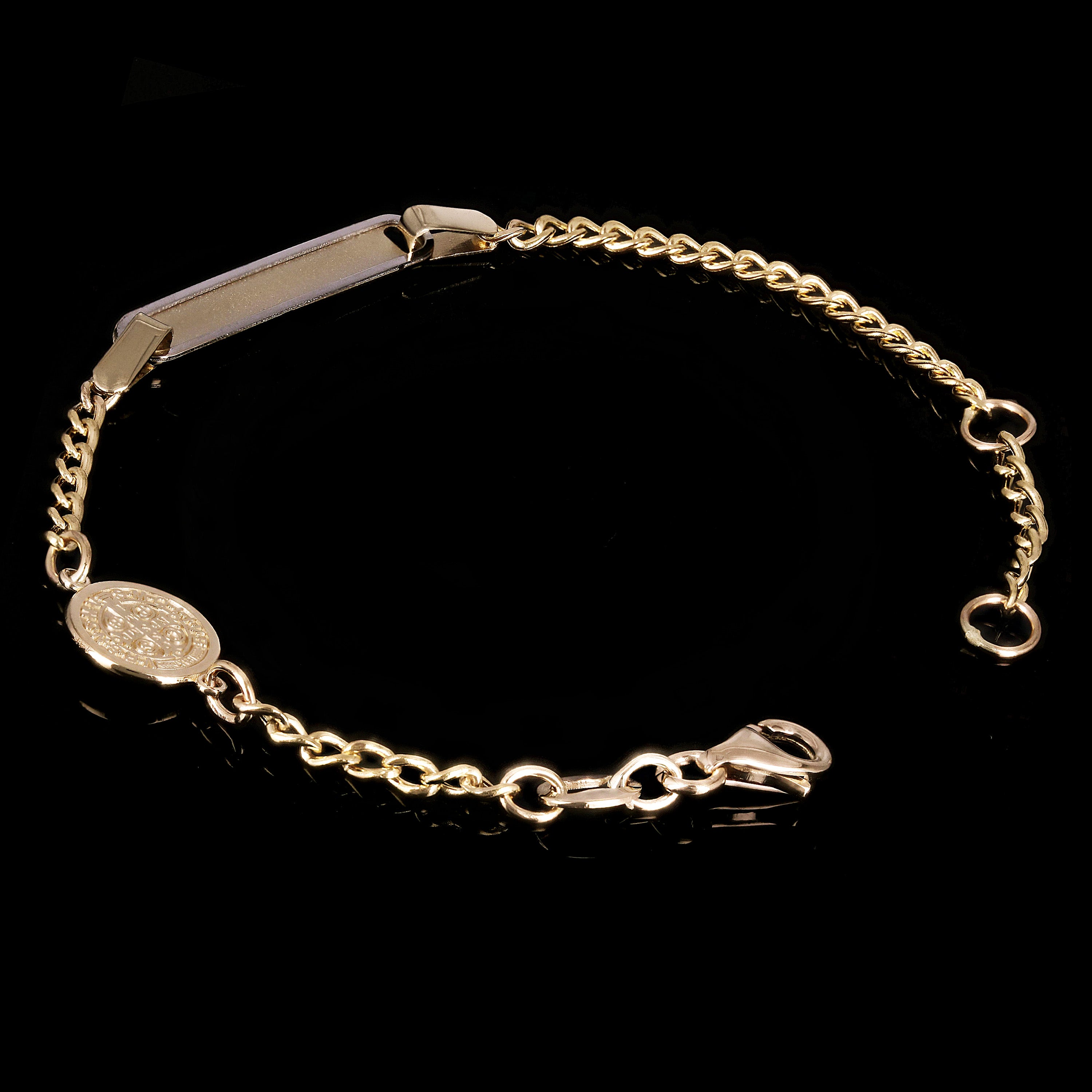 Italian 14k Two-Tone Gold Engravable St. Benedict Charm Baby ID Bracelet 5.5" 2g