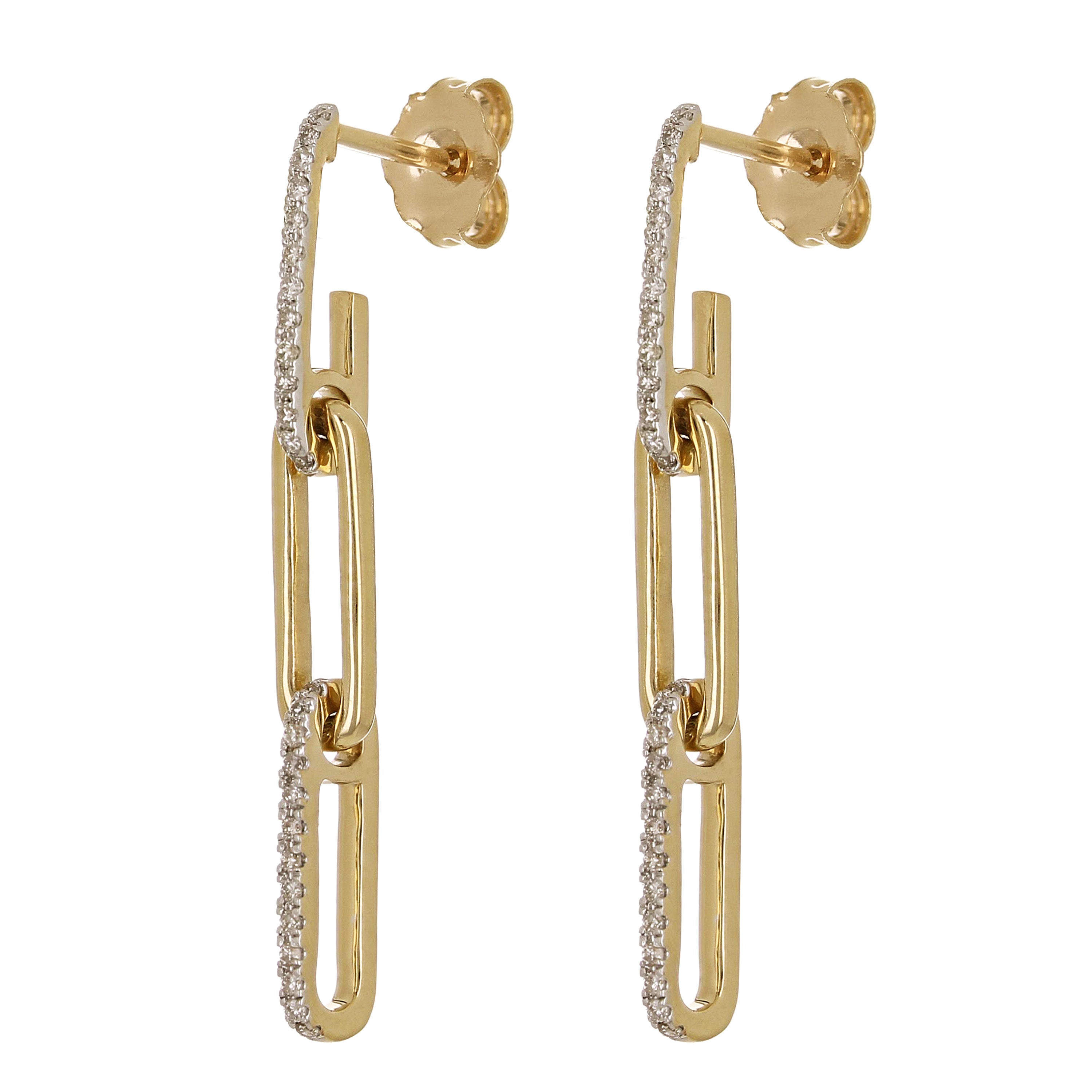 14k Yellow Gold 0.16ctw Diamond Paper Clip Dangling Earrings 1.3" 2.6 grams