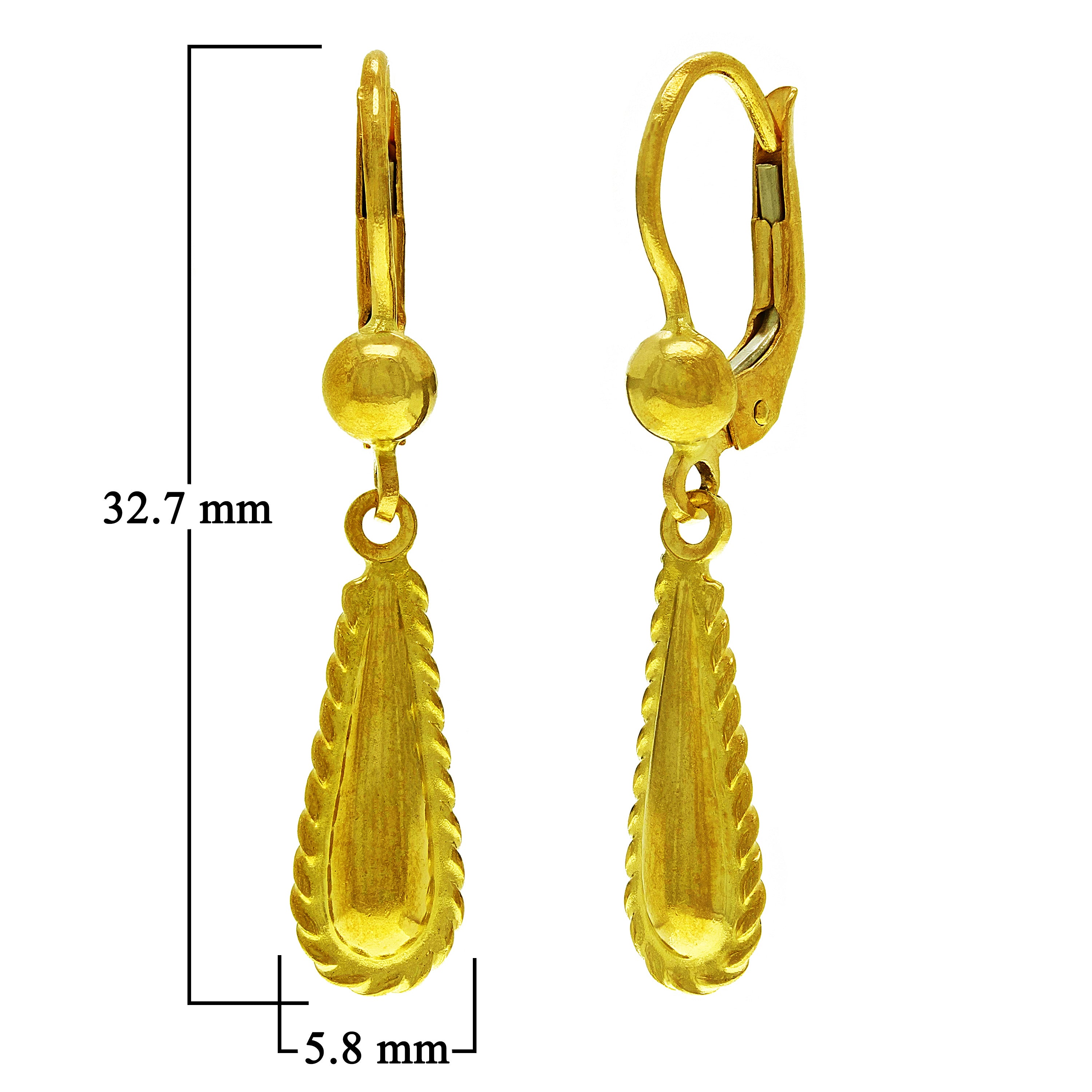 14k Yellow Gold Textured Tear Drop Dangle Lever Back Fashion Earrings 1.3"