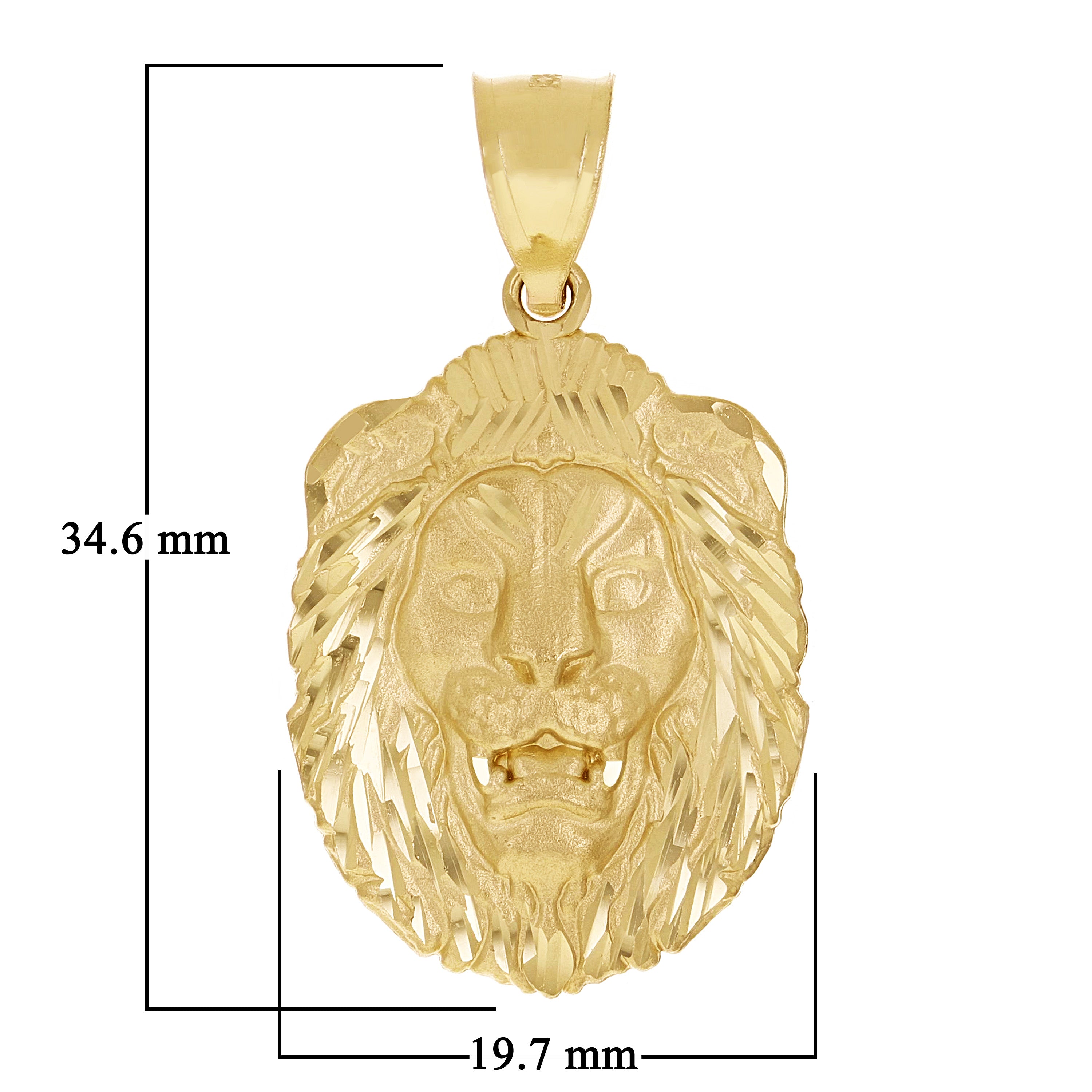 14k Yellow Gold Solid Diamond Cut Roaring Lion Head Face Pendant 1.4" 2.8 grams - Small