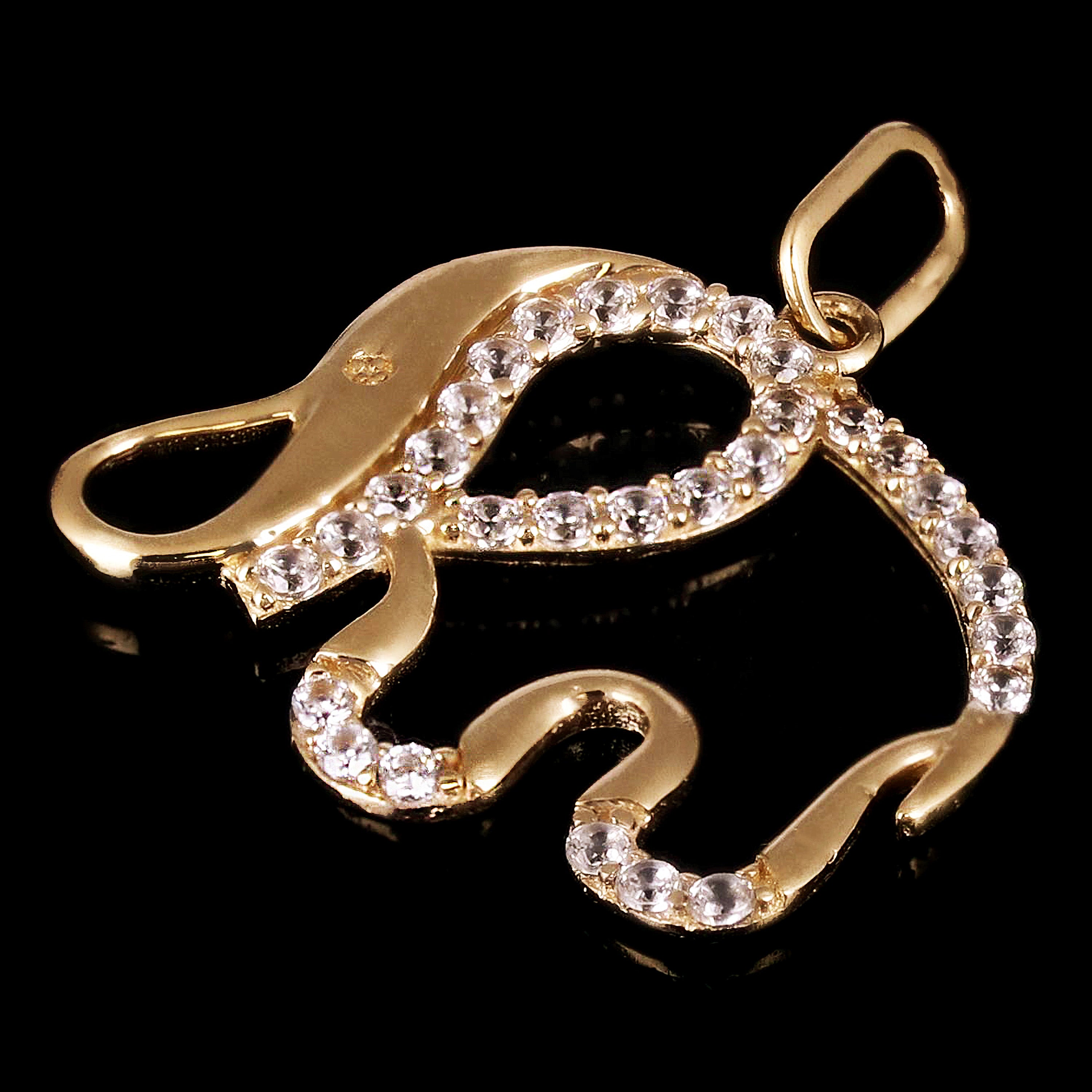 Italian 14k Yellow Gold Cut-Out Elephant Charm Pendant with Cubic Zirconia 1gram