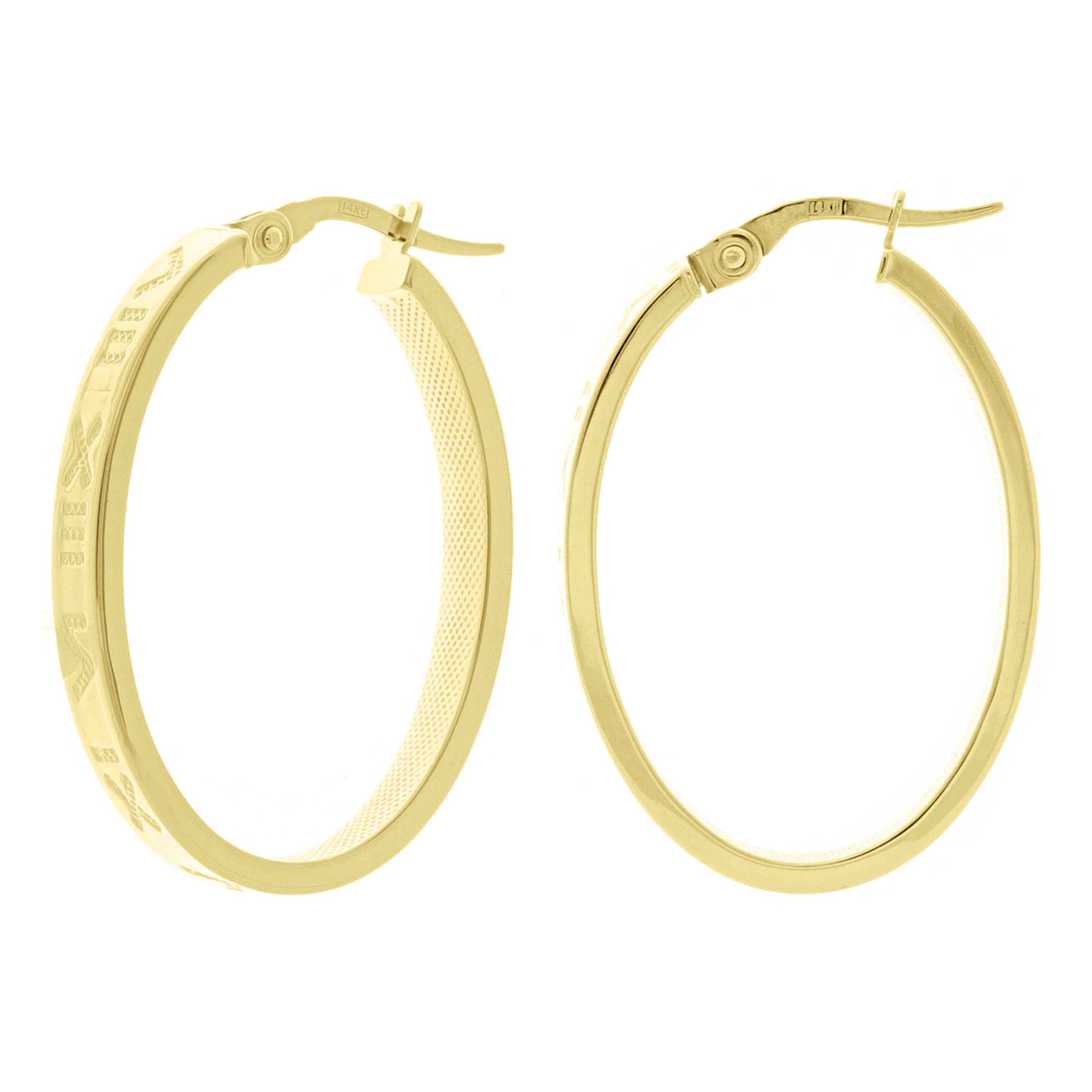 Italian 14k Yellow Gold Roman Numerals Oval Hoop Earrings 1.2" 4mm 2.7 grams
