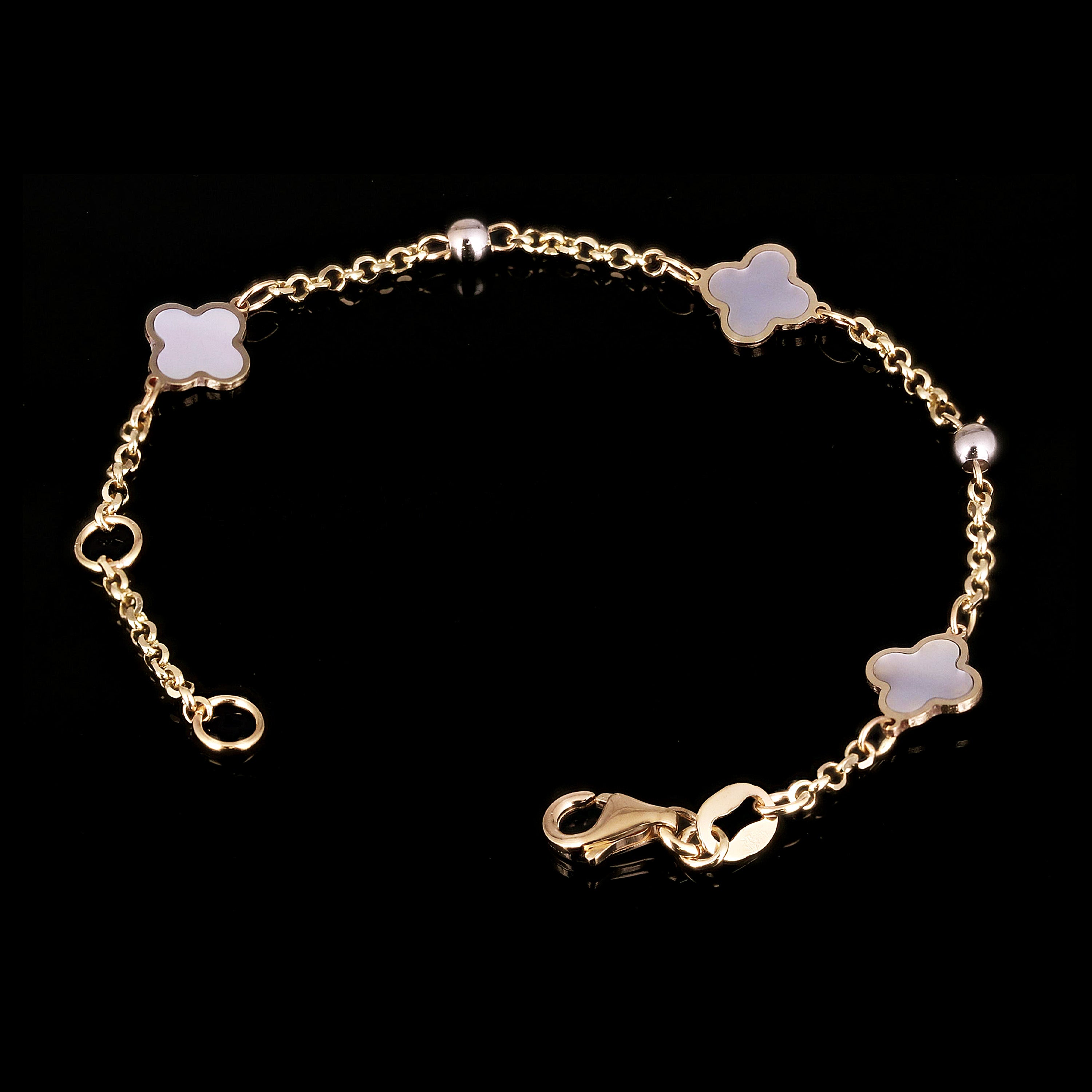 Italian 14k Yellow & White Gold Pearl Clover Leaf Station Bracelet 7" 2 grams