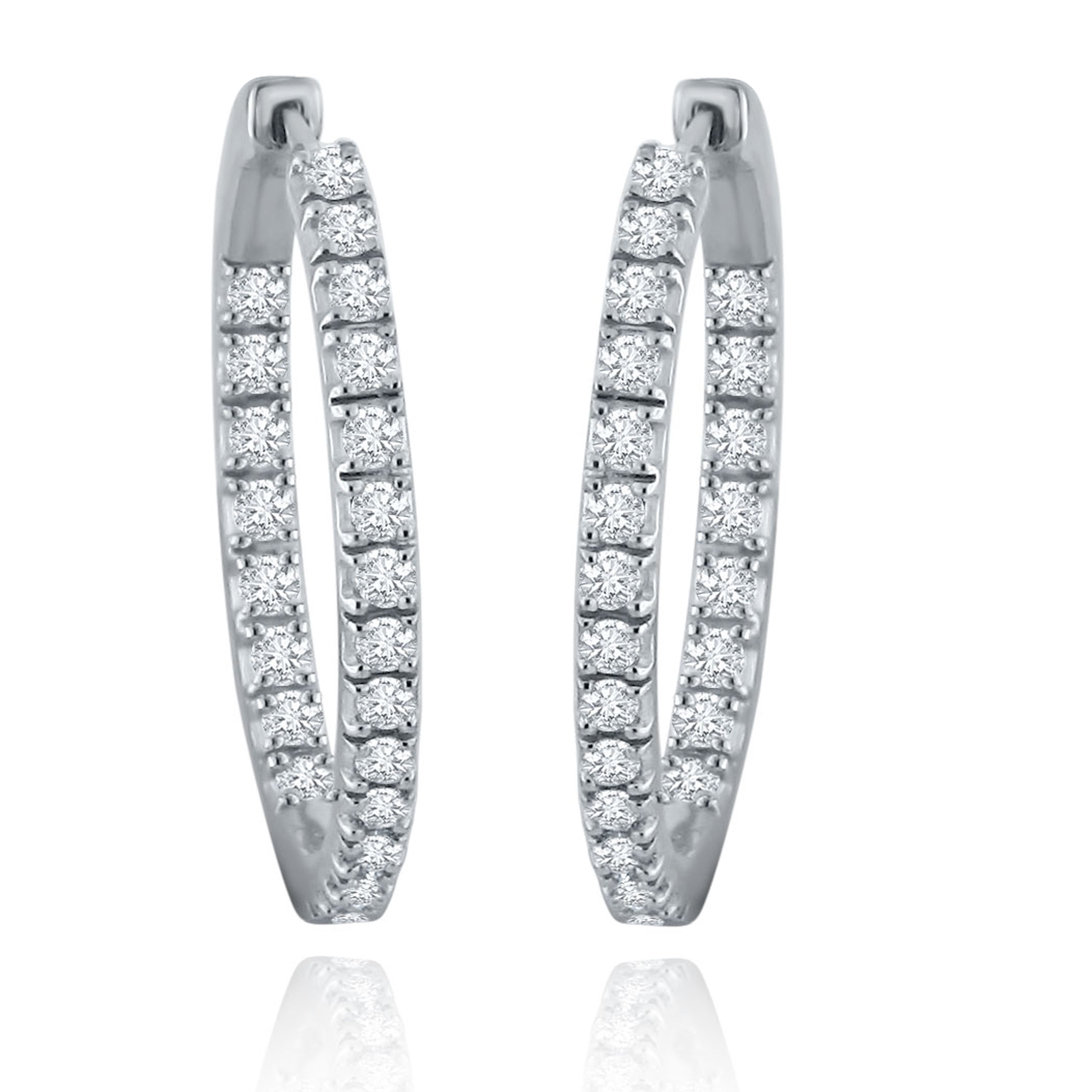 14k White Gold 1ctw Diamond Inside Out Oblong Oval Hoop Earrings