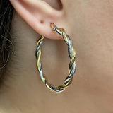 Italian 14k Yellow & White Gold Polished Twisted Hollow Hoop Earrings 1.6" 3mm