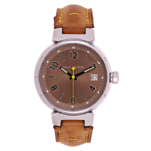 Louis Vuitton Ladies Tambour Quartz Tan Leather Strap