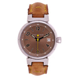 Louis Vuitton Ladies Tambour Quartz Tan Leather Strap