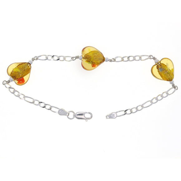 925 Sterling Silver Triple Yellow Heart Murano Glass Figaro Bracelet 7.5