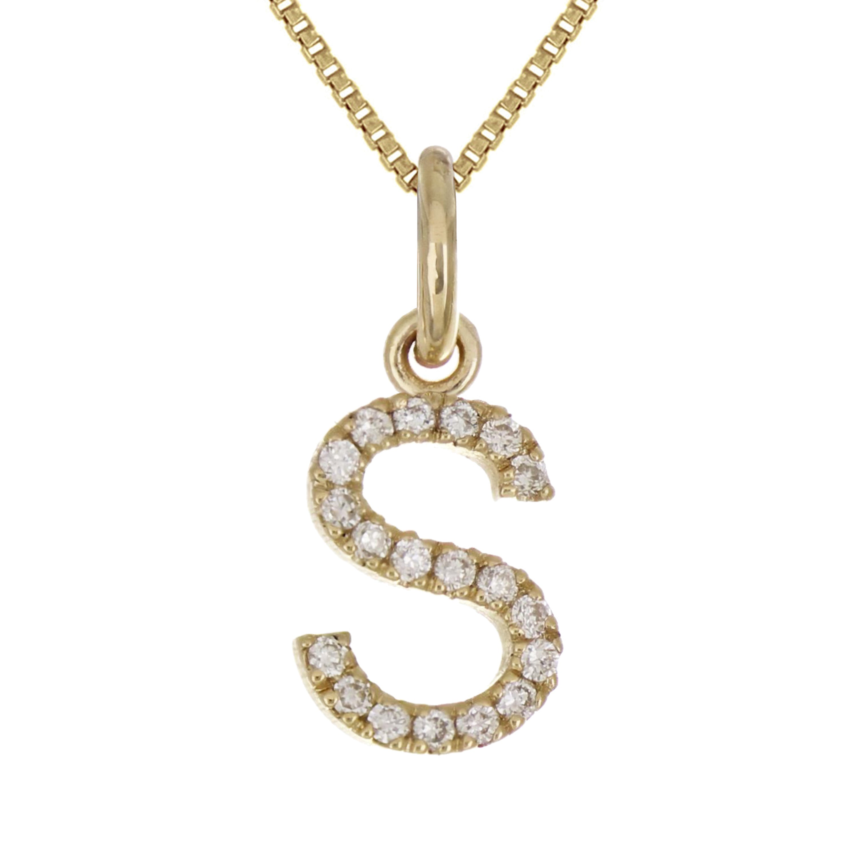 14k Yellow Gold Diamond Initial Letter S Charm Pendant Necklace 18" - Letter S,Yellow