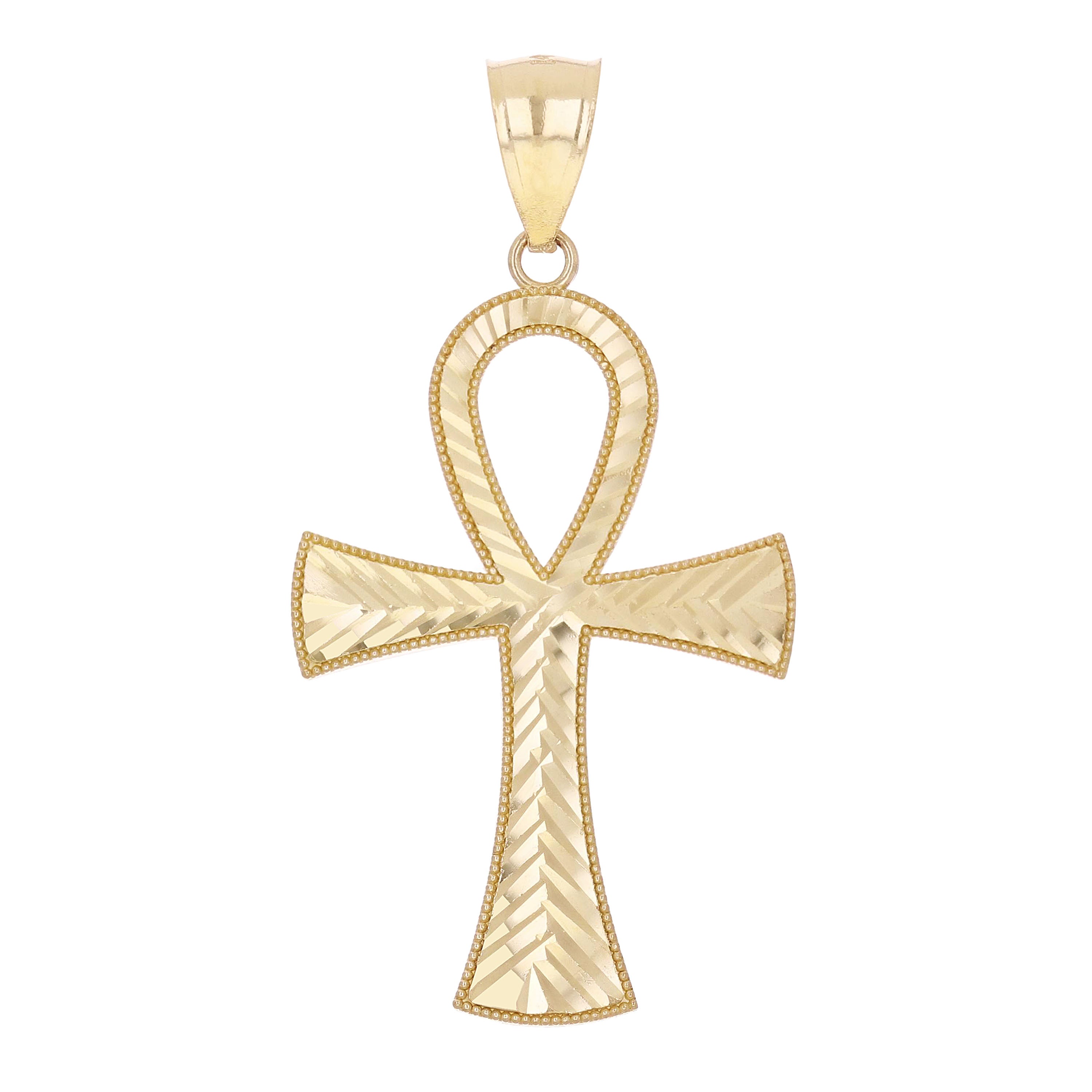 14k Yellow Gold Diamond-Cut Egyptian Ankh Cross Pendant 1.6" 2.7 grams