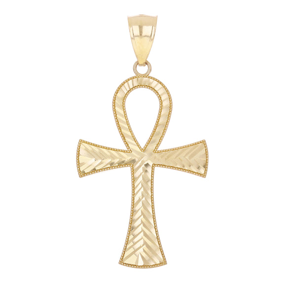 14k Yellow Gold Diamond-Cut Egyptian Ankh Cross Pendant 1.6