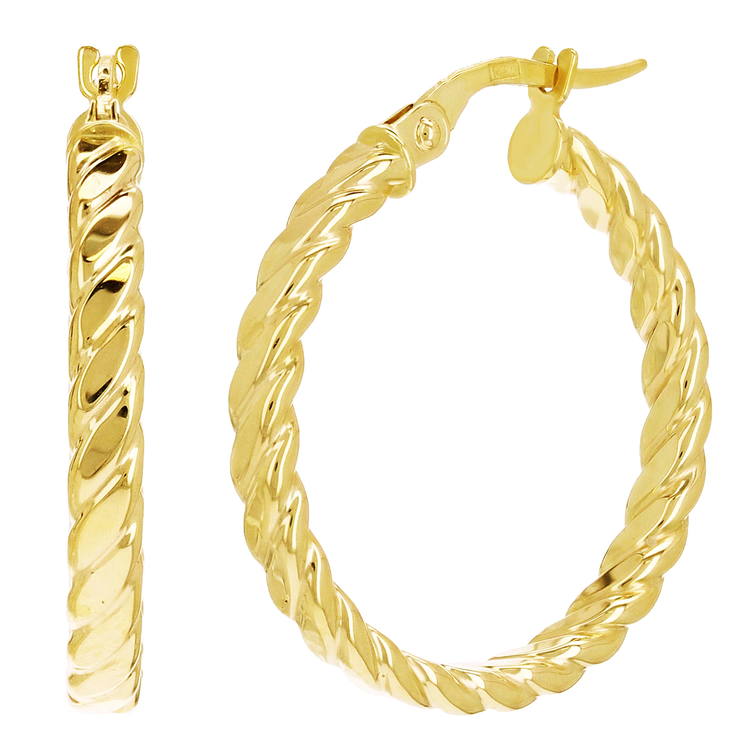 Italian 14k Yellow Gold Hollow Flat Rope Hoop Earrings 1" 3mm 2.8 grams