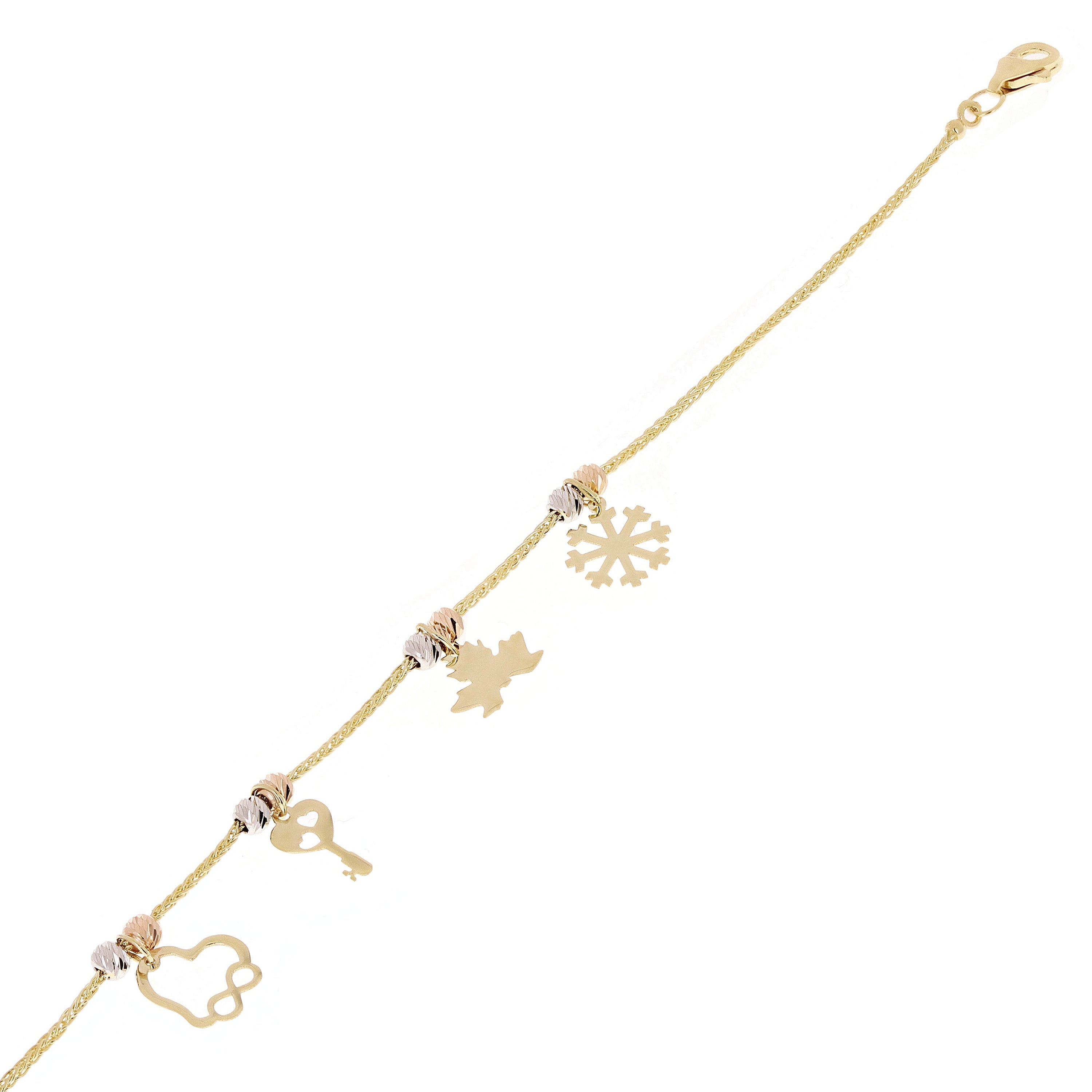14k Tri Color Gold Snow Flake Key Leaf Heart Infinity Charm Bracelet 7" 2.7grams