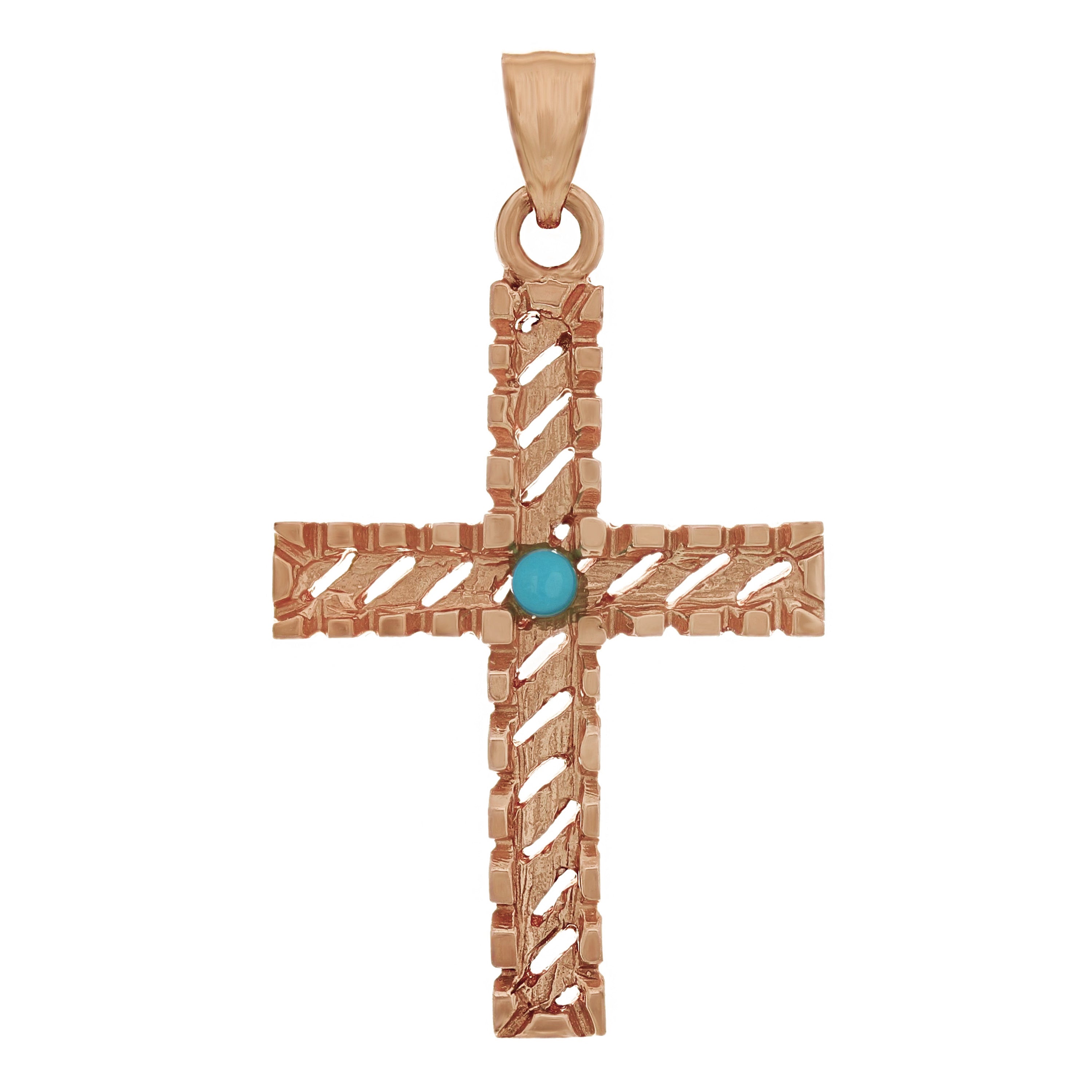 14k Rose Gold Diamond Cut Cross Charm Pendant with Turquoise 3.3 grams - Rose