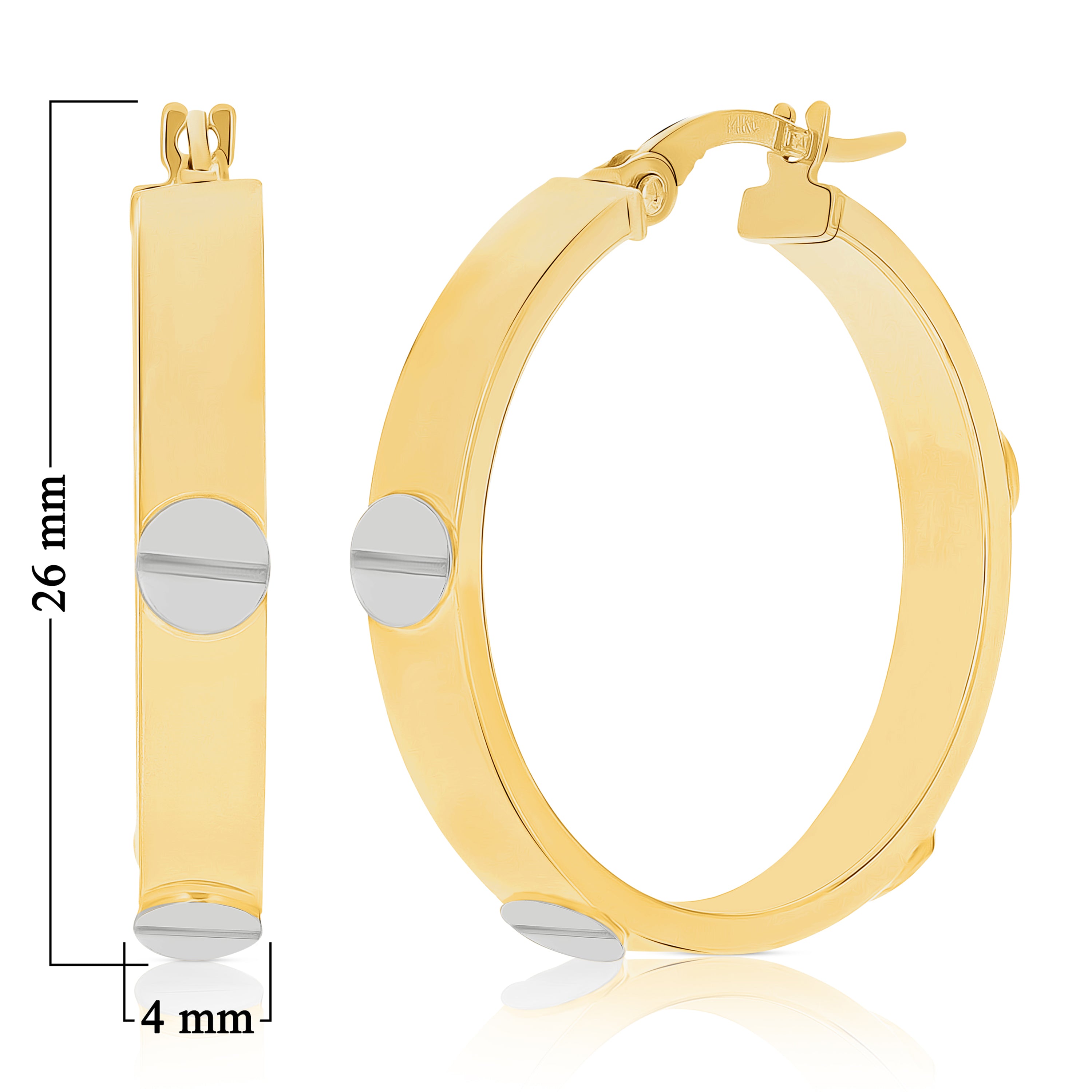 Italian 14k Yellow & White Gold Love Screw Design Small Hollow Hoop Earrings 1" - Style1 Small