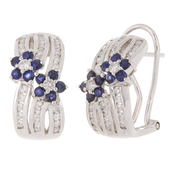 18k White Gold 0.62ctw Sapphire & Diamond Floral Half Hoop Earrings