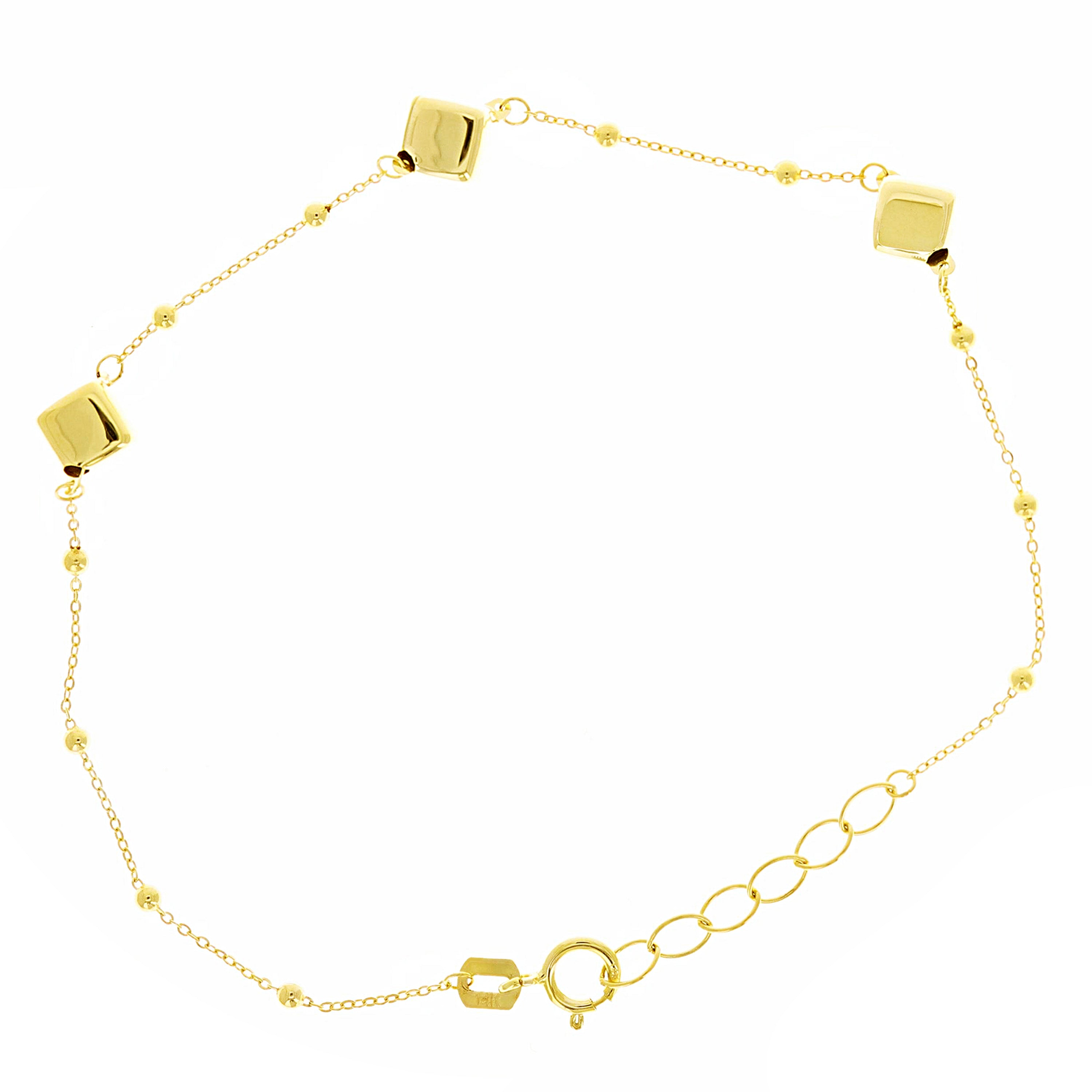 Italian 14k Yellow Gold Dice Square Charm Station Bracelet 7.5" 5mm 1.5 grams