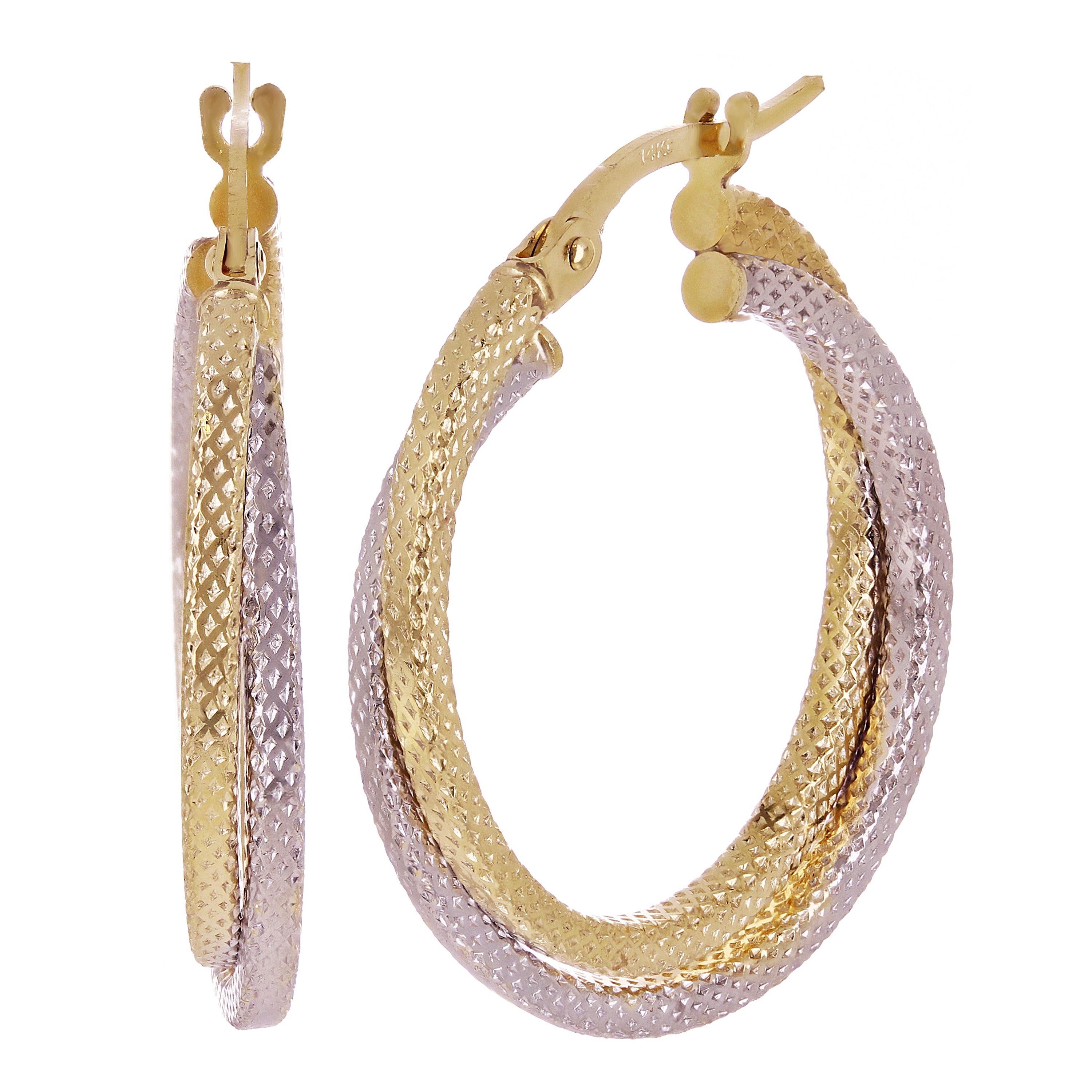 Italian 14k Two Tone Gold Twisted Double Hoop Earrings 1" 3.5mm 2 grams