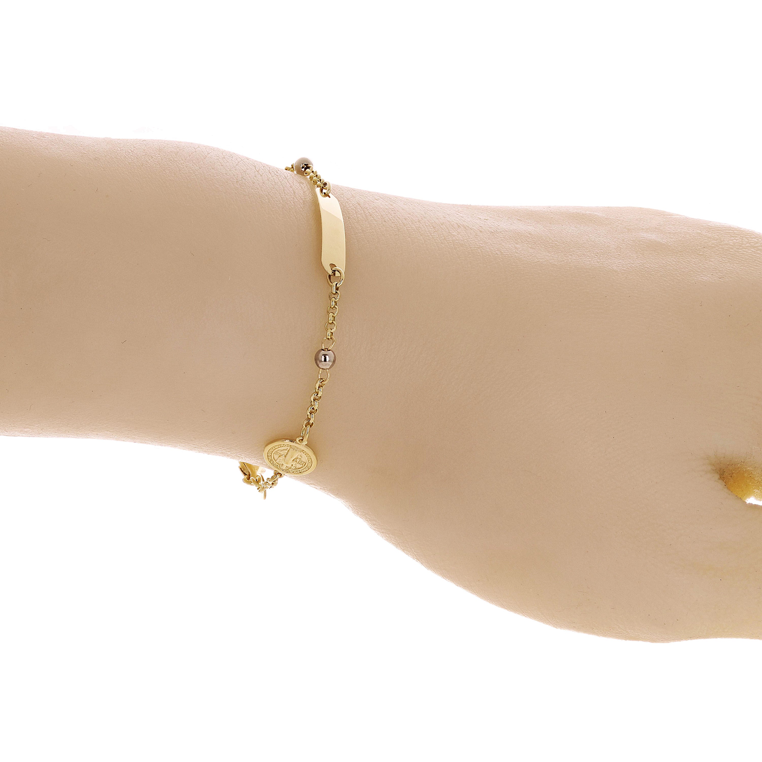 Italian 14k Two-Tone Gold Engravable St. Benedict Charm Baby ID Bracelet 5.5"