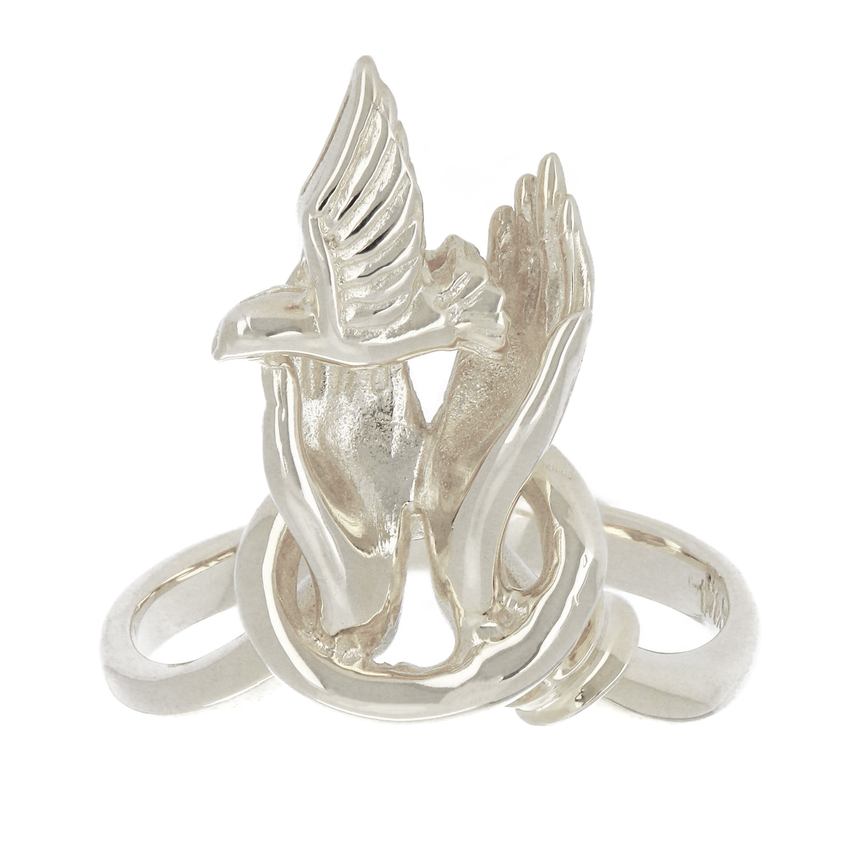 14k White Gold Hands Holding a Dove Ring Size 10 - White,Ring Size 10