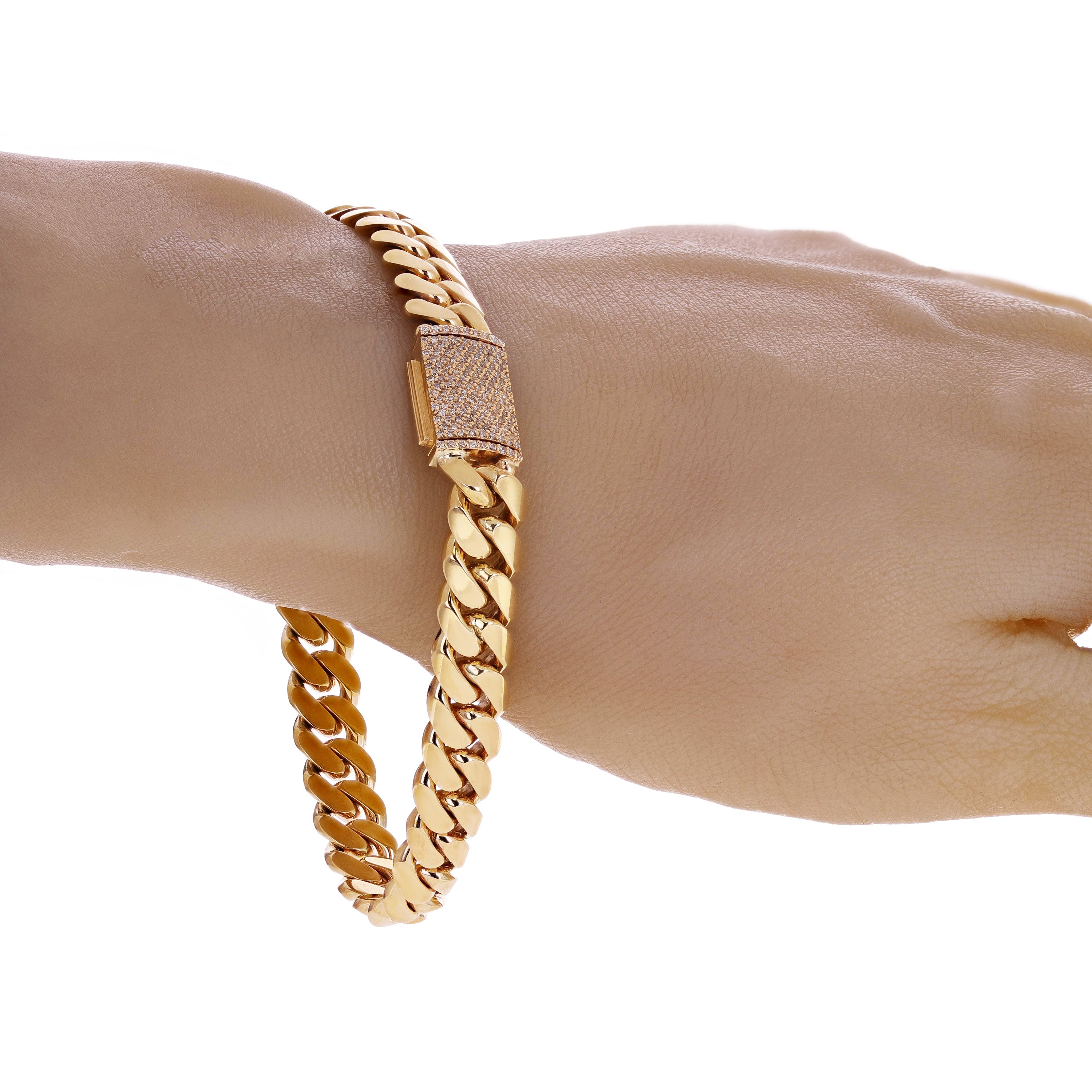 14k Yellow Gold Miami Cuban Chain Bracelet with Diamonds Box Clasp 9" 9.3mm 53g - 9.3mm 9" 53 grams