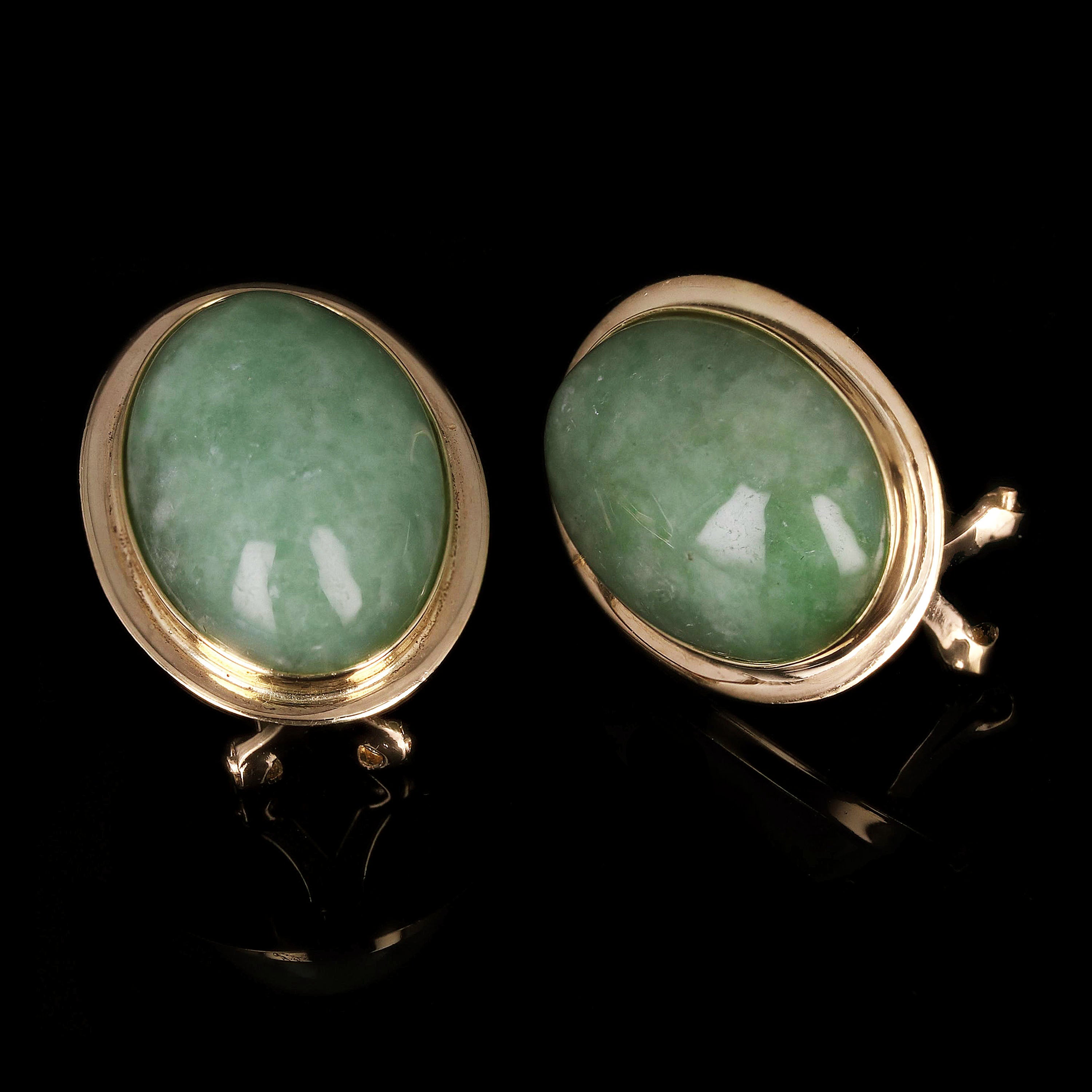 14K Yellow Gold Oval Cabochon Jade Earrings 25.5mm x 16.8mm 8.4 grams