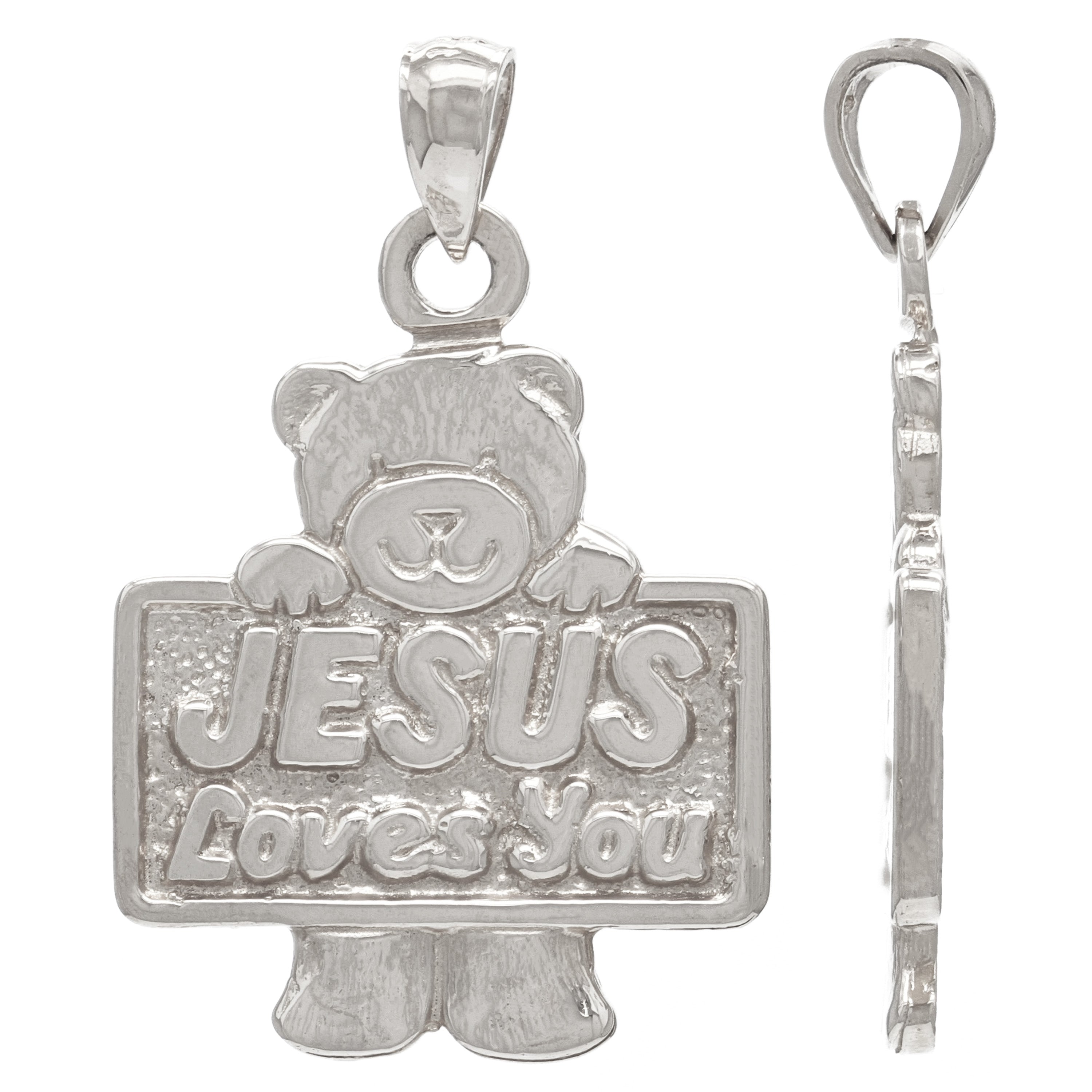 14k White Gold JESUS Loves You Teddy Bear Charm Pendant 1.3" 6.3grams - White