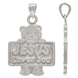 14k White Gold JESUS Loves You Teddy Bear Charm Pendant 1.3" 6.3grams - White
