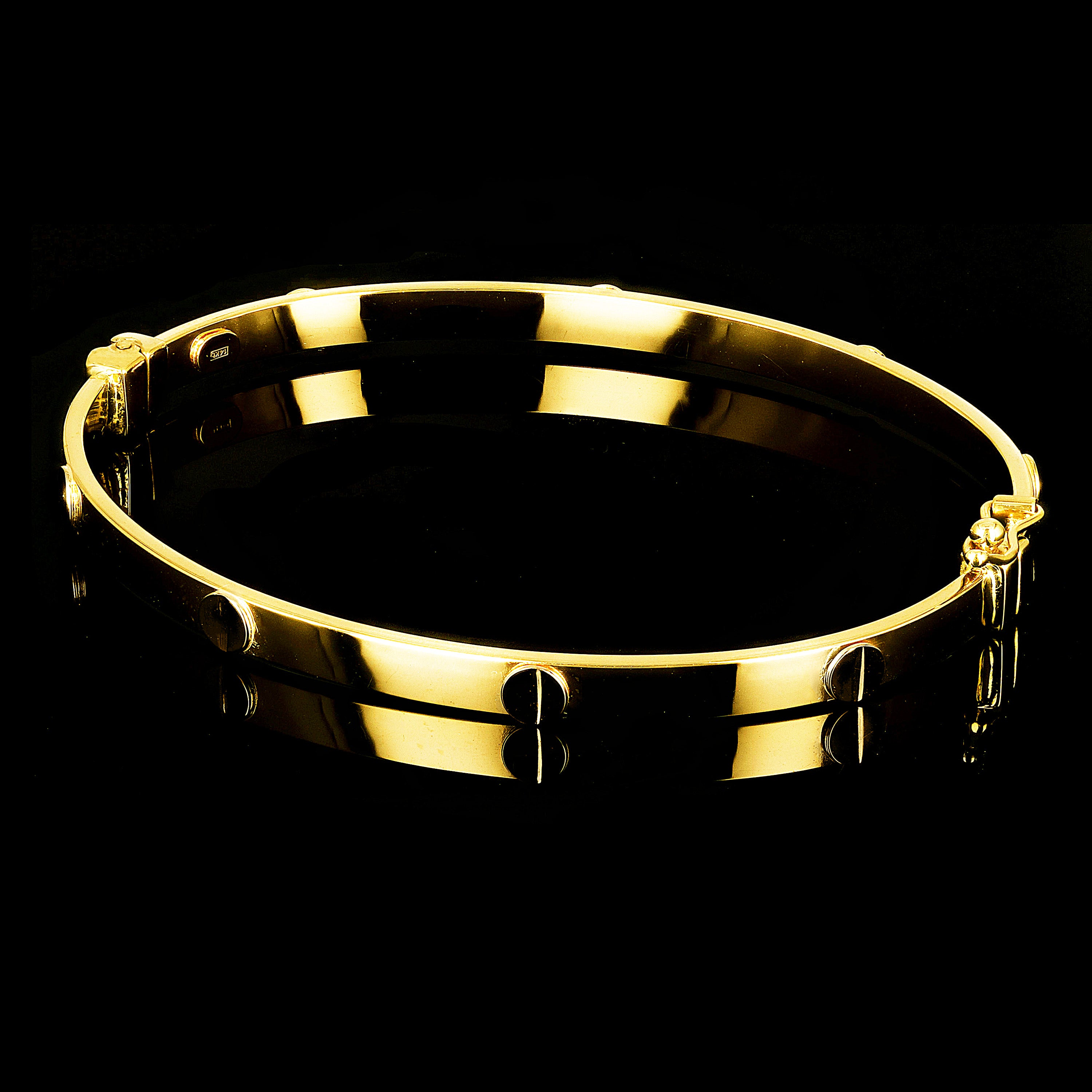 Italian 14k Yellow Gold Hollow Screw Design Bangle Bracelet 7" 4mm 4.4 grams