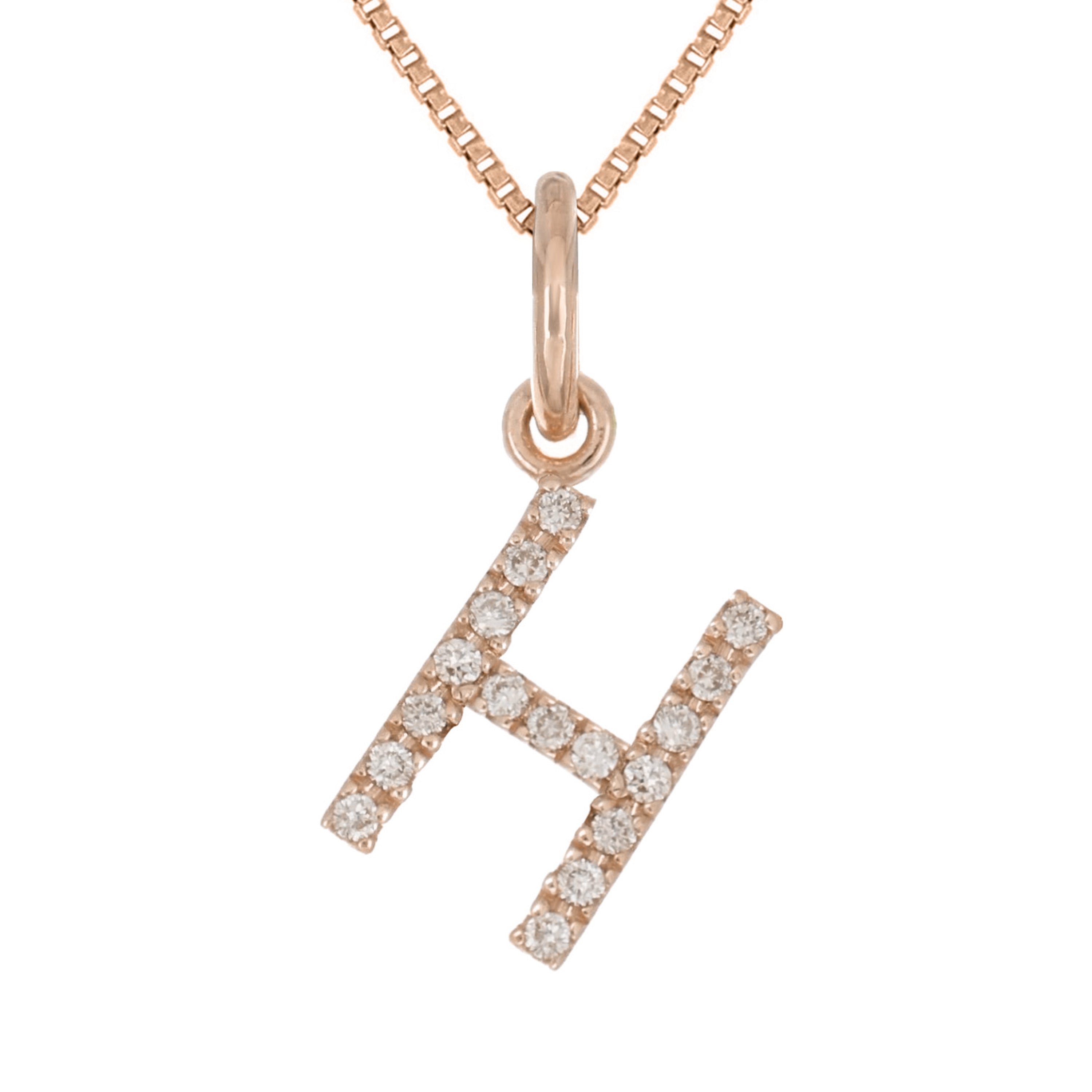 14k Rose Gold Diamond Initial Letter H Charm Pendant Necklace 18" - Letter H,Rose