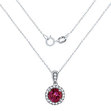 10k White Gold Round Garnet 1/8 ctw Diamond Halo Pendant Necklace 18" - Garnet