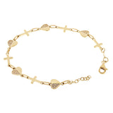 Italian 14k Yellow Gold Heart & Cross Link Chain Bracelet 7.5" 7.5mm 4.3 grams