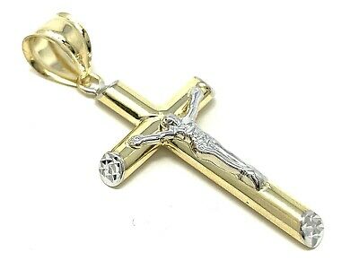 14k Two Tone Gold Jesus Christ Crucifix INRI Cross Pendant 1.8" 2.1 grams