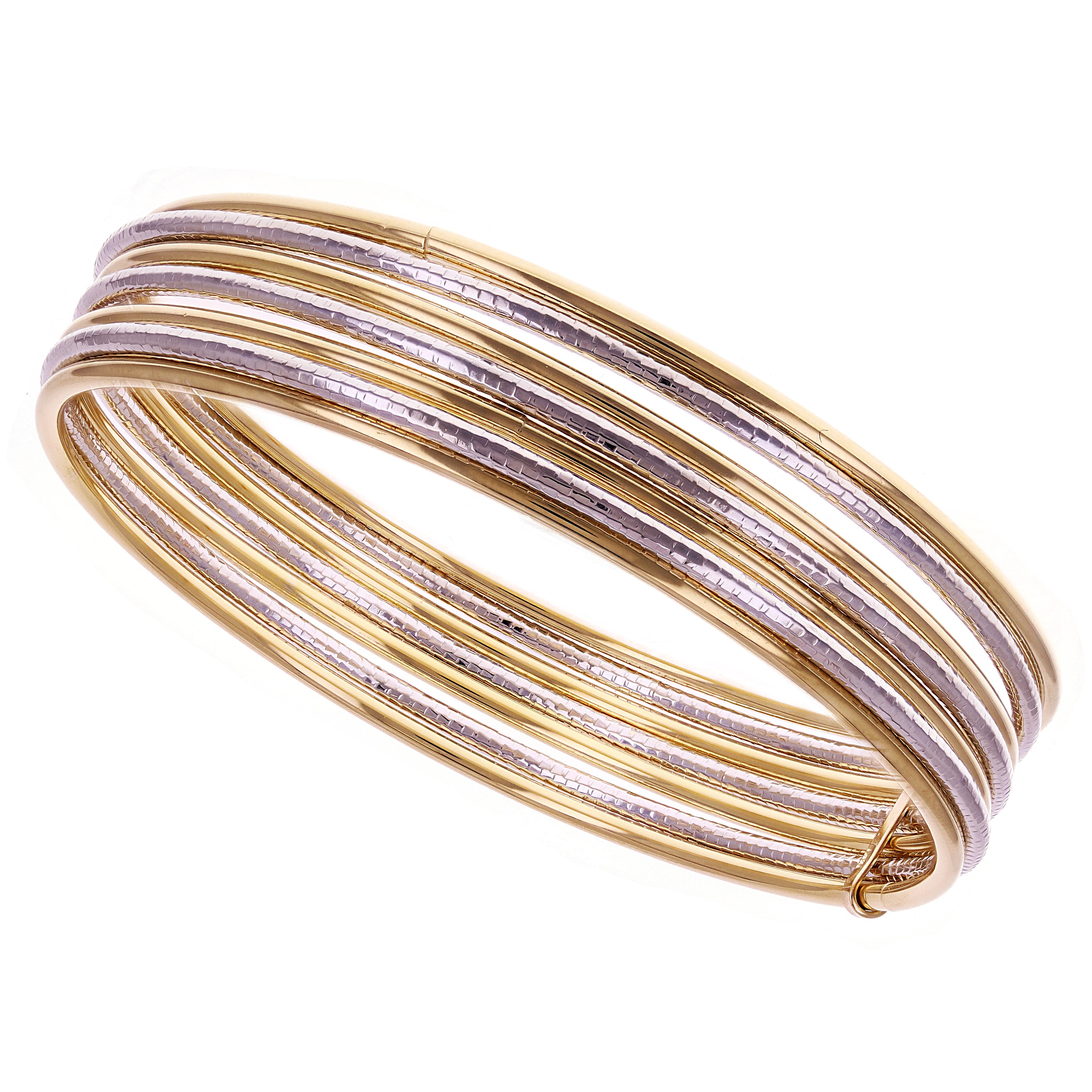 Italian 14k Two-Tone Gold Plain & Textured 7 Days Bangle Bracelet Set 8" 11.3g