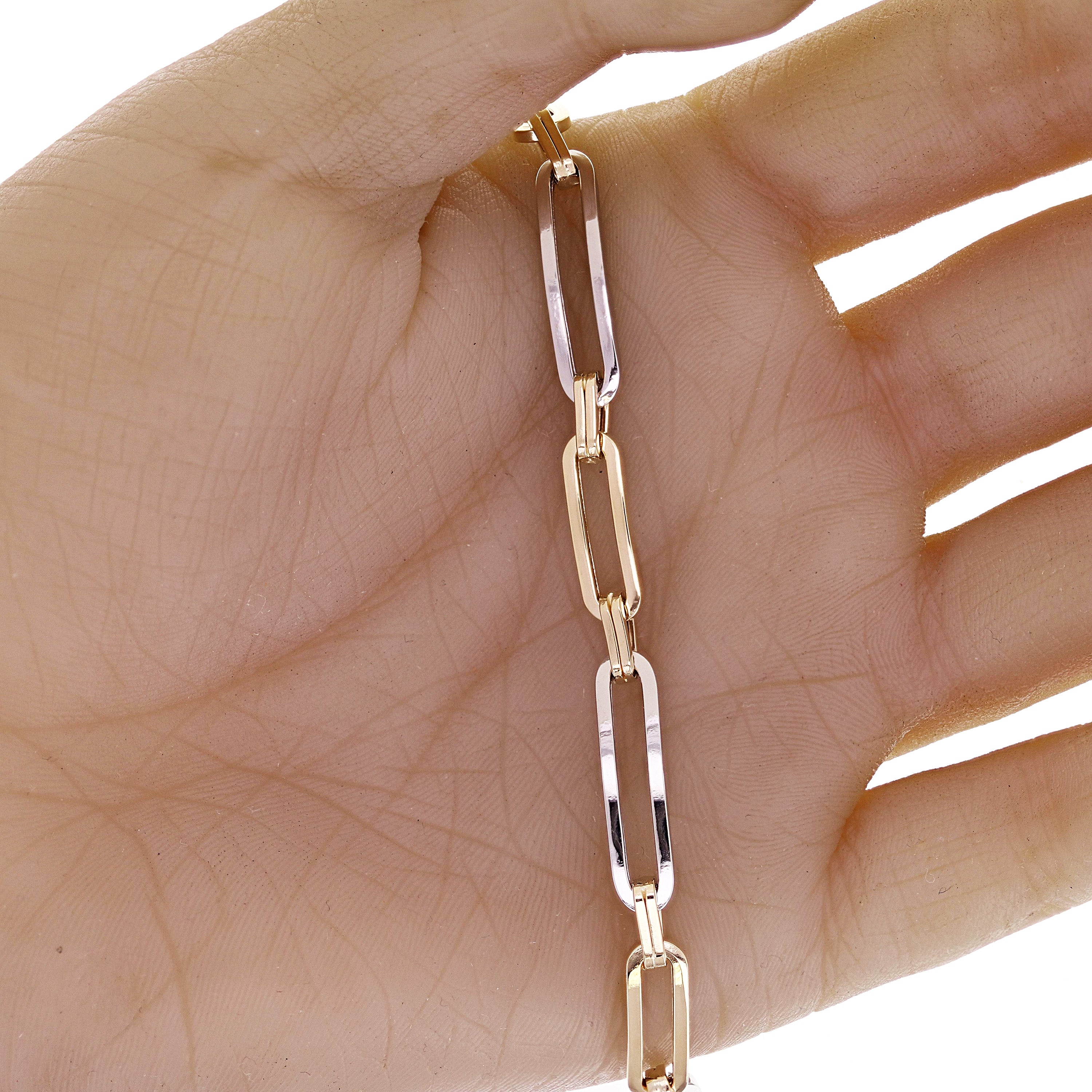 Italian 14k Yellow & White Gold Paper Clip Link Chain Bracelet 7.5" 5.1 grams