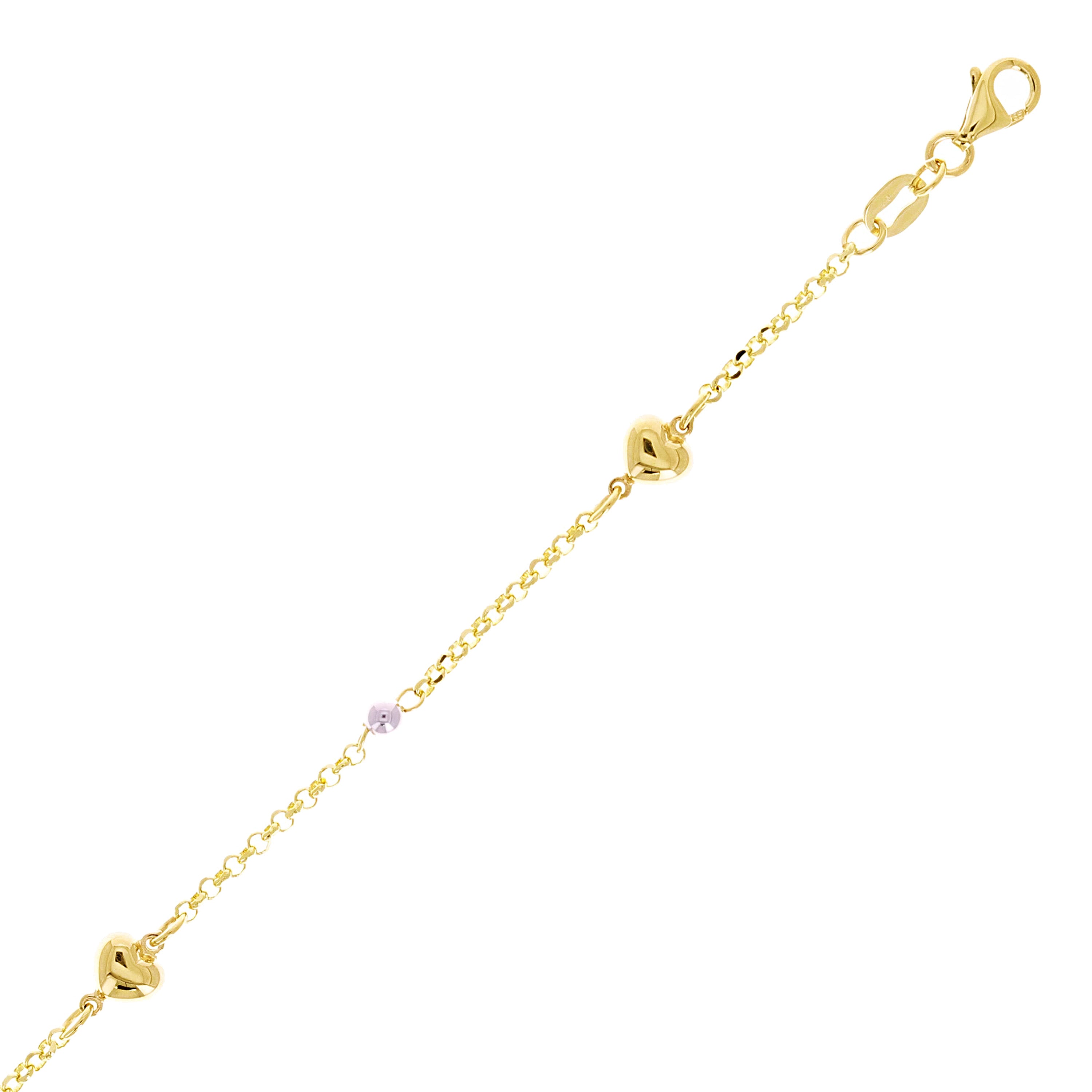Italian 14k Two-Tone Gold Heart Charm Station Bracelet 7" 5.5mm 2.3 grams