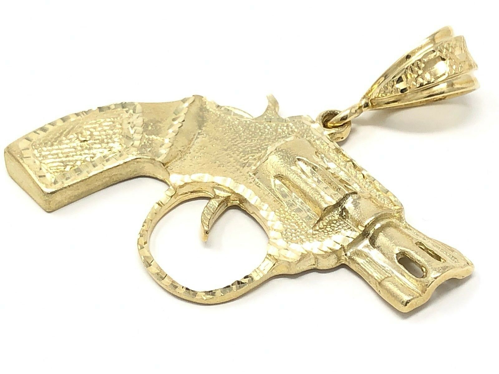 10k Yellow Gold Big Diamond Cut Revolver Pistol Gun Pendant 3" 40.5 grams