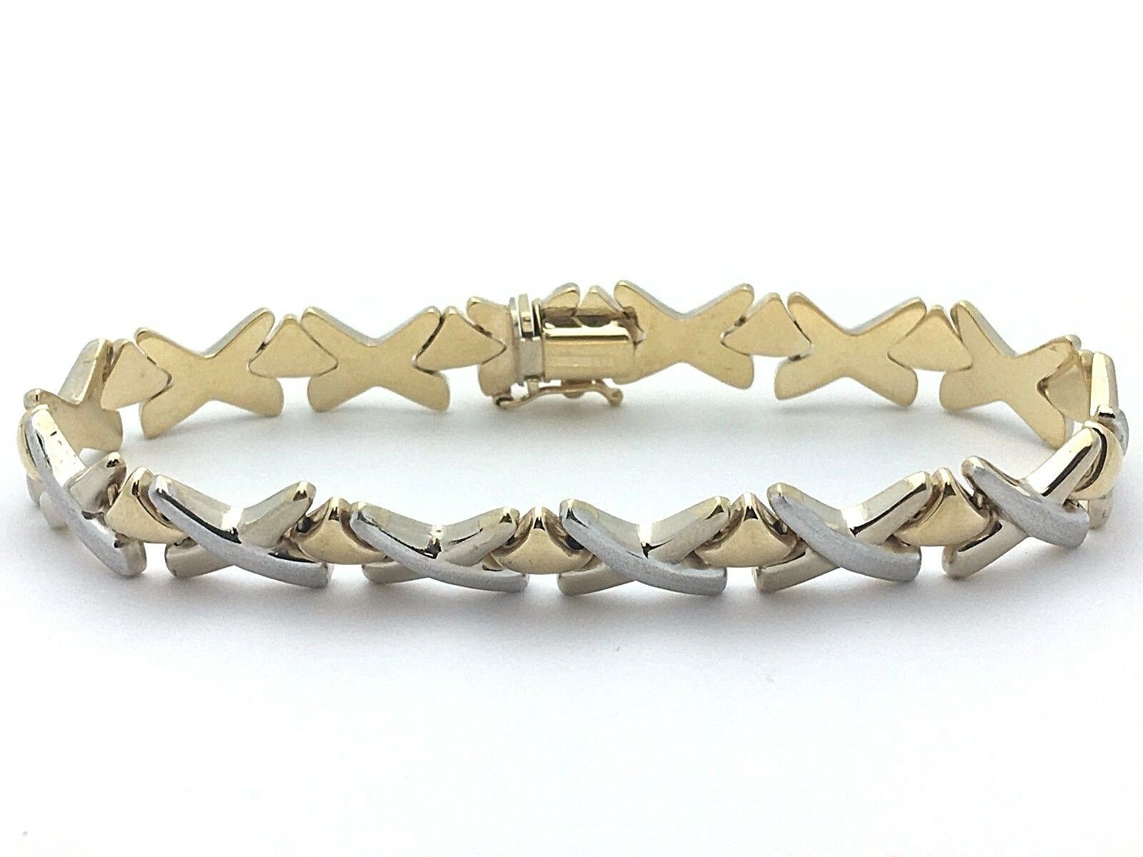 Italian 14k Two Tone Gold Hollow Hugs & Kisses XOXO Bracelet 7" 9.3mm 10.9 grams