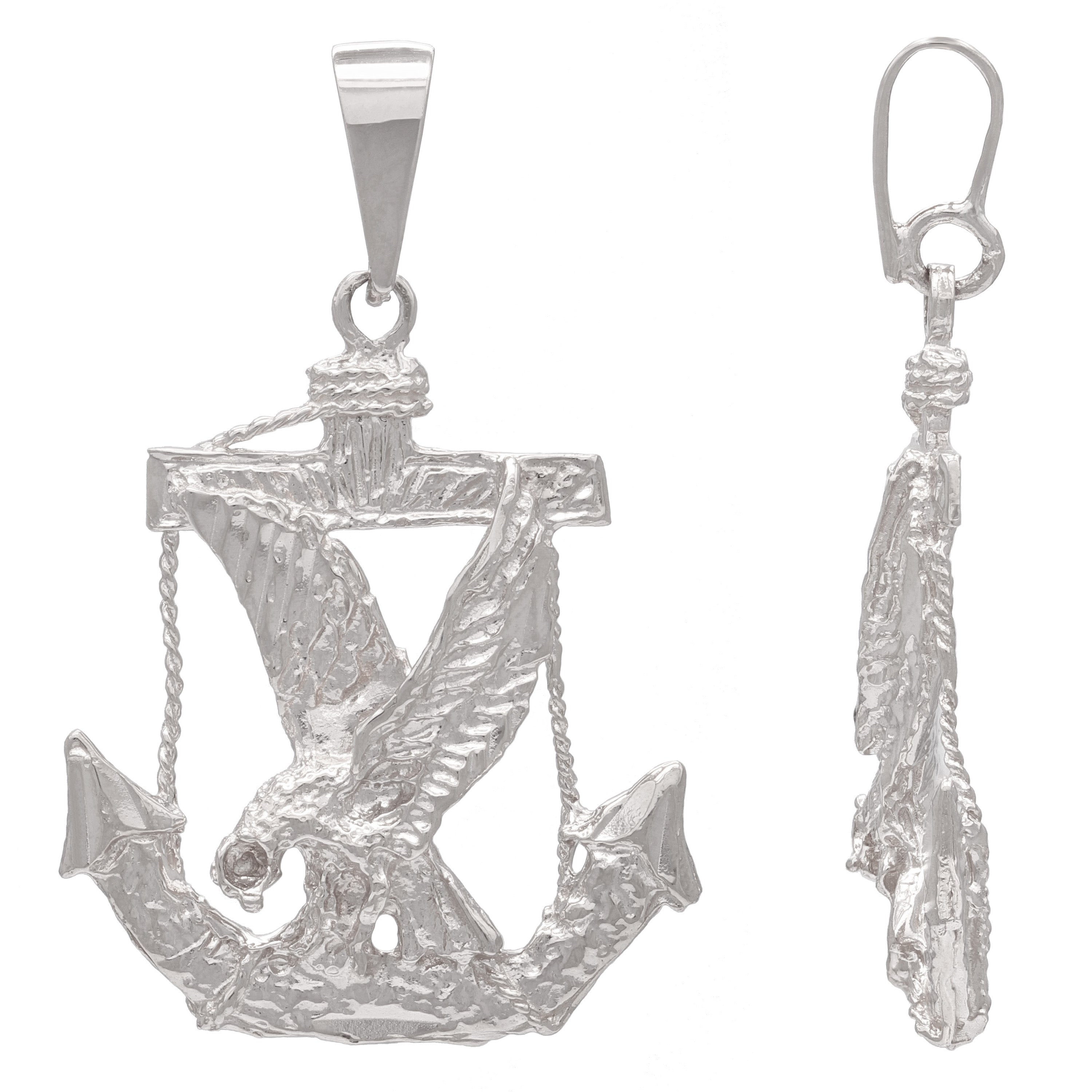 14k White Gold Solid Diamond Cut Mariners Anchor Eagle Charm Pendant 5.7 grams - White