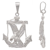 14k White Gold Solid Diamond Cut Mariners Anchor Eagle Charm Pendant 5.7 grams - White