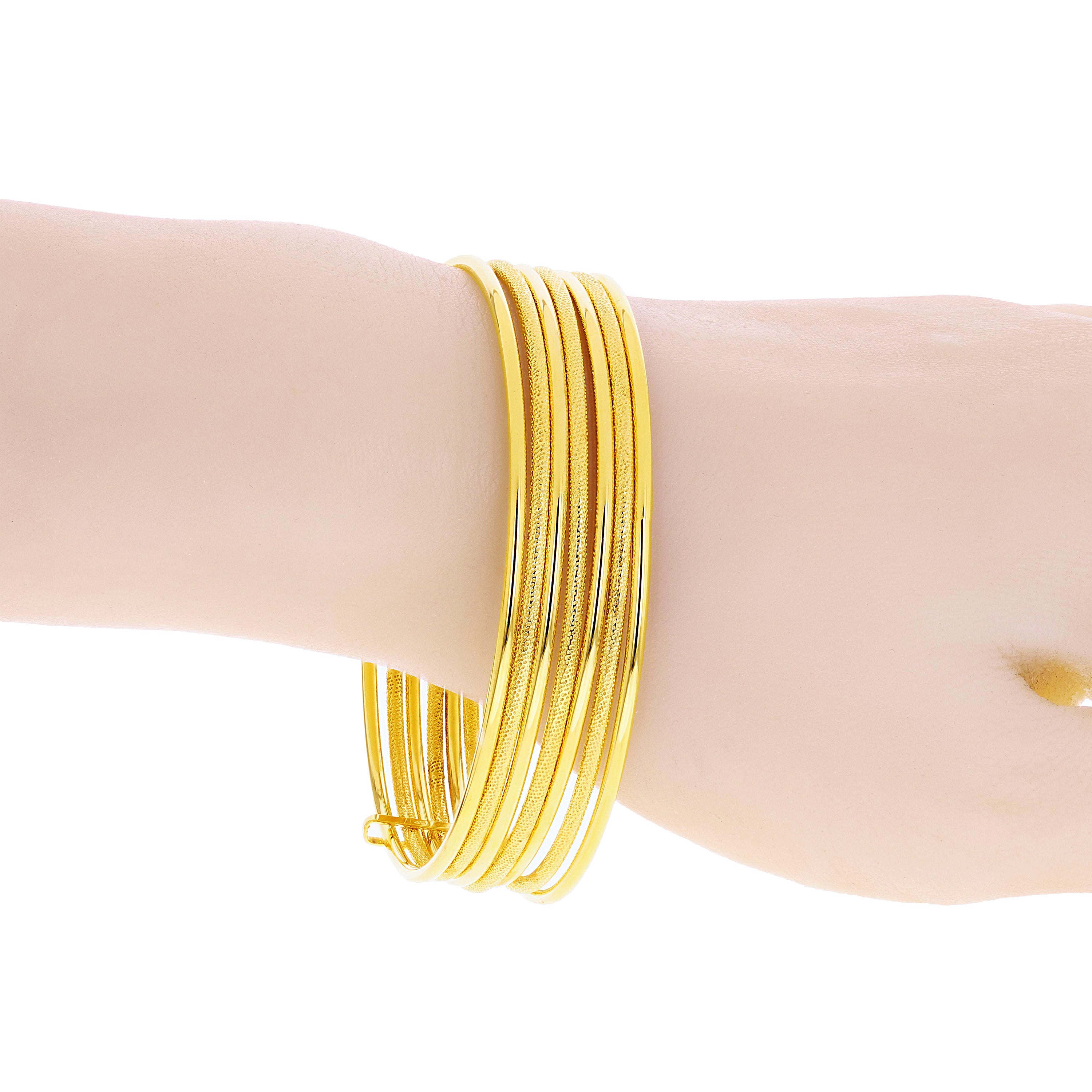 Italian 14k Yellow Gold Round Plain & Textured 7 Days Bangle Bracelet Set 8" 11g