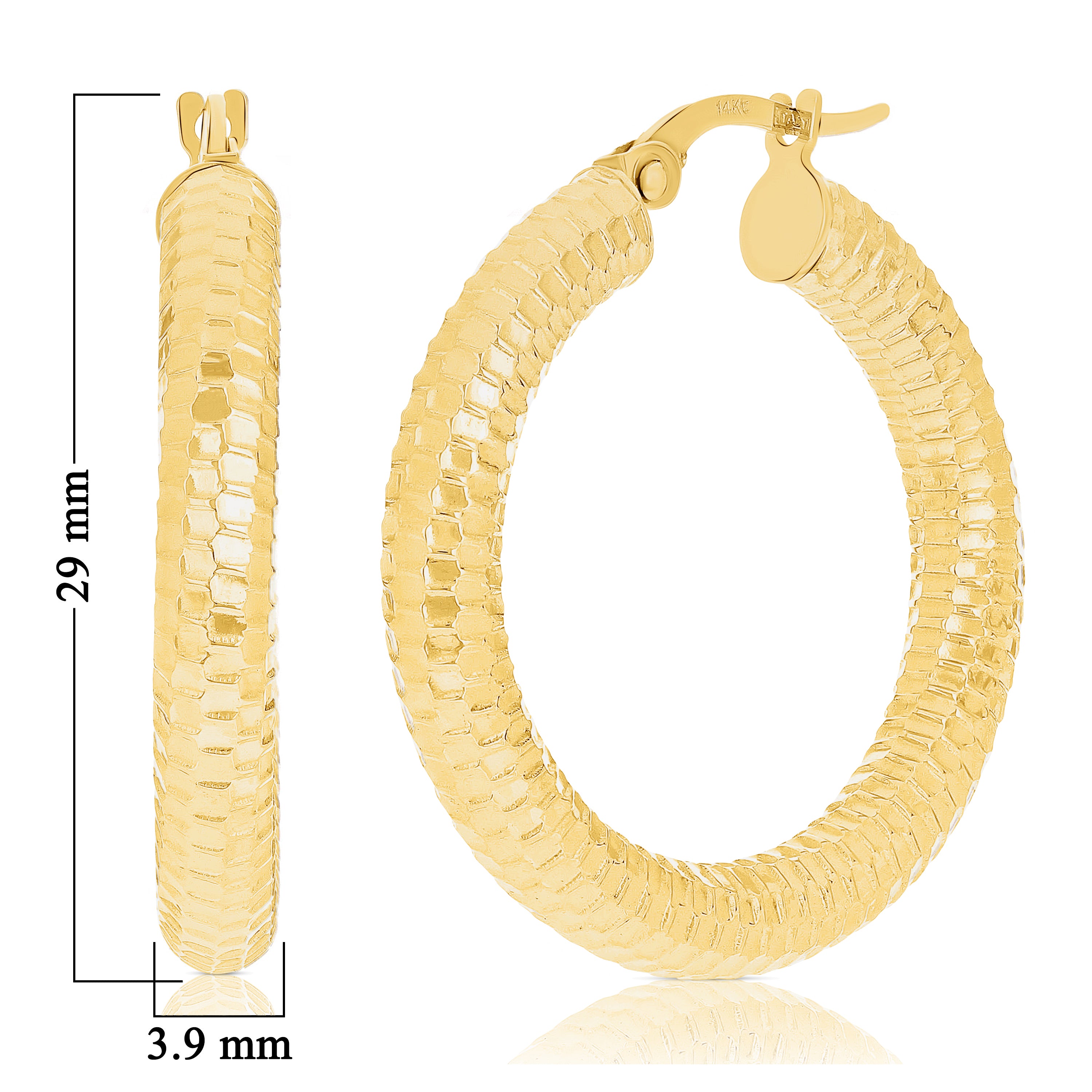 Italian 14k Yellow Gold Honeycomb Medium Thick Hollow Hoop Earrings 1.1"