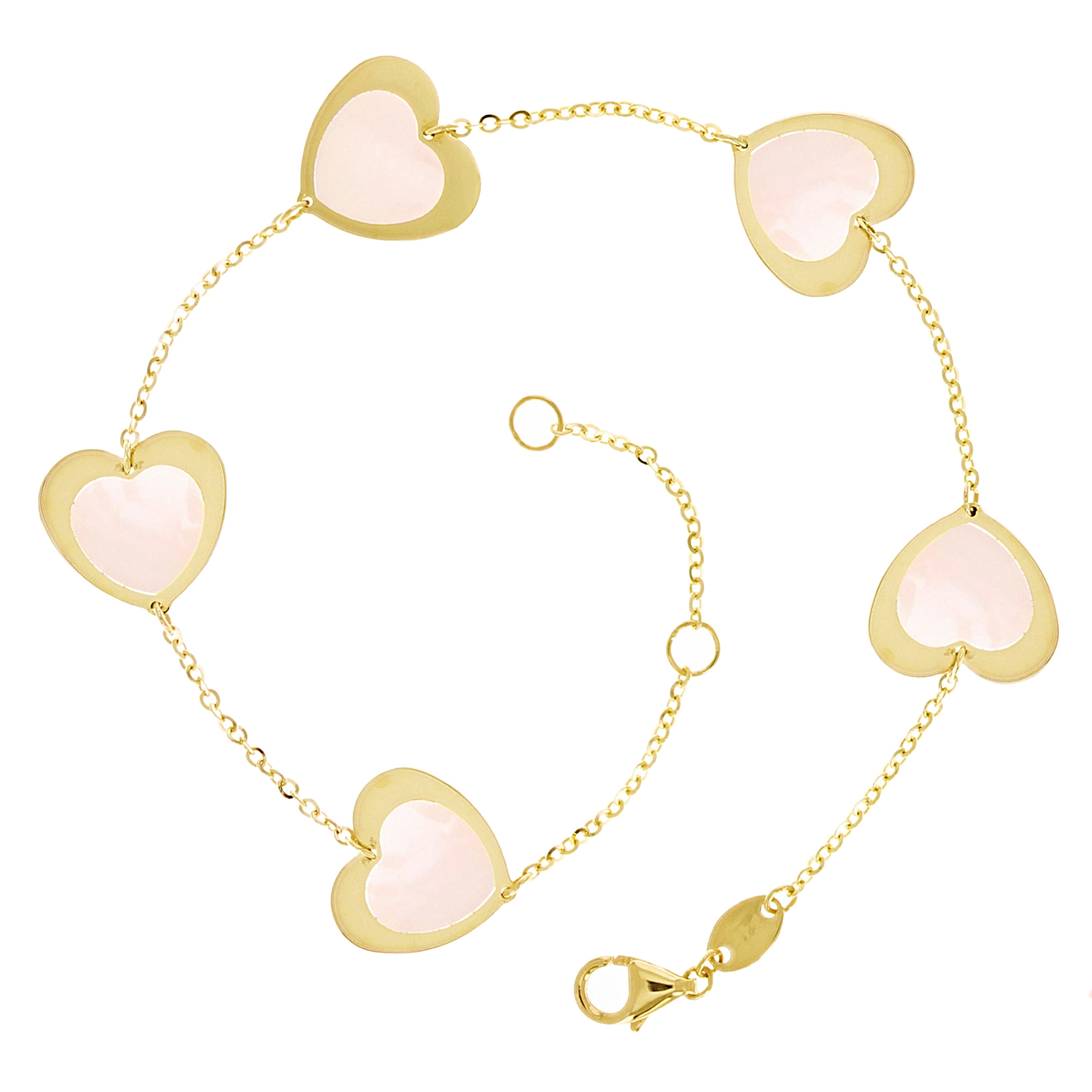 Italian 14k Yellow Gold Pearl Heart Charm Station Bracelet 7.5" 11mm 3 grams