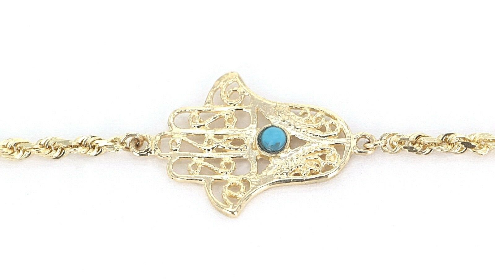 14k Yellow Gold Rope Chain Bracelet with Hamsa Hand of Fatima Charm 8" 5.4 grams